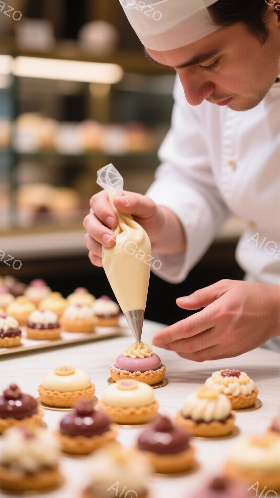 白いコックコートと帽子を着用した男性が、クリームを絞り出す作業中です。彼は集中した表情で、丁寧に小さなケーキにクリームを乗せています。背景には様々な種類のクリームが乗ったケーキが並び、明るく清潔感のあるパティスリーの雰囲気が伝わってきます。