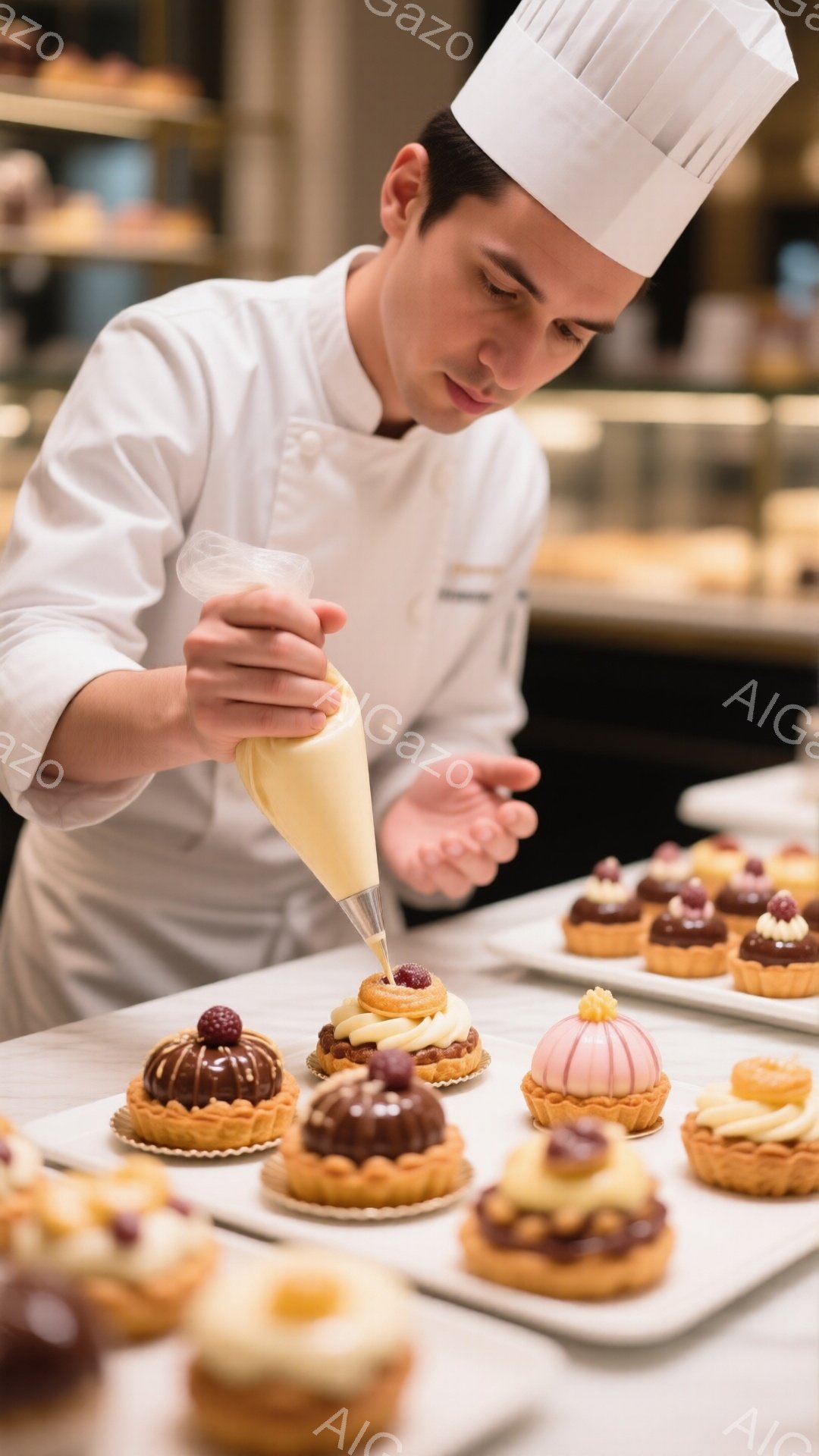 白いコックハットとコックコートを身につけた男性が、小さなタルトにクリームを絞り込んでいる様子が写っている。彼は真剣な表情で作業に集中しており、タルトはクリームと果物が飾られた美しい焼き菓子に見える。背景には他の焼き菓子が並び、明るく清潔なパティスリーの雰囲気が伝わる。