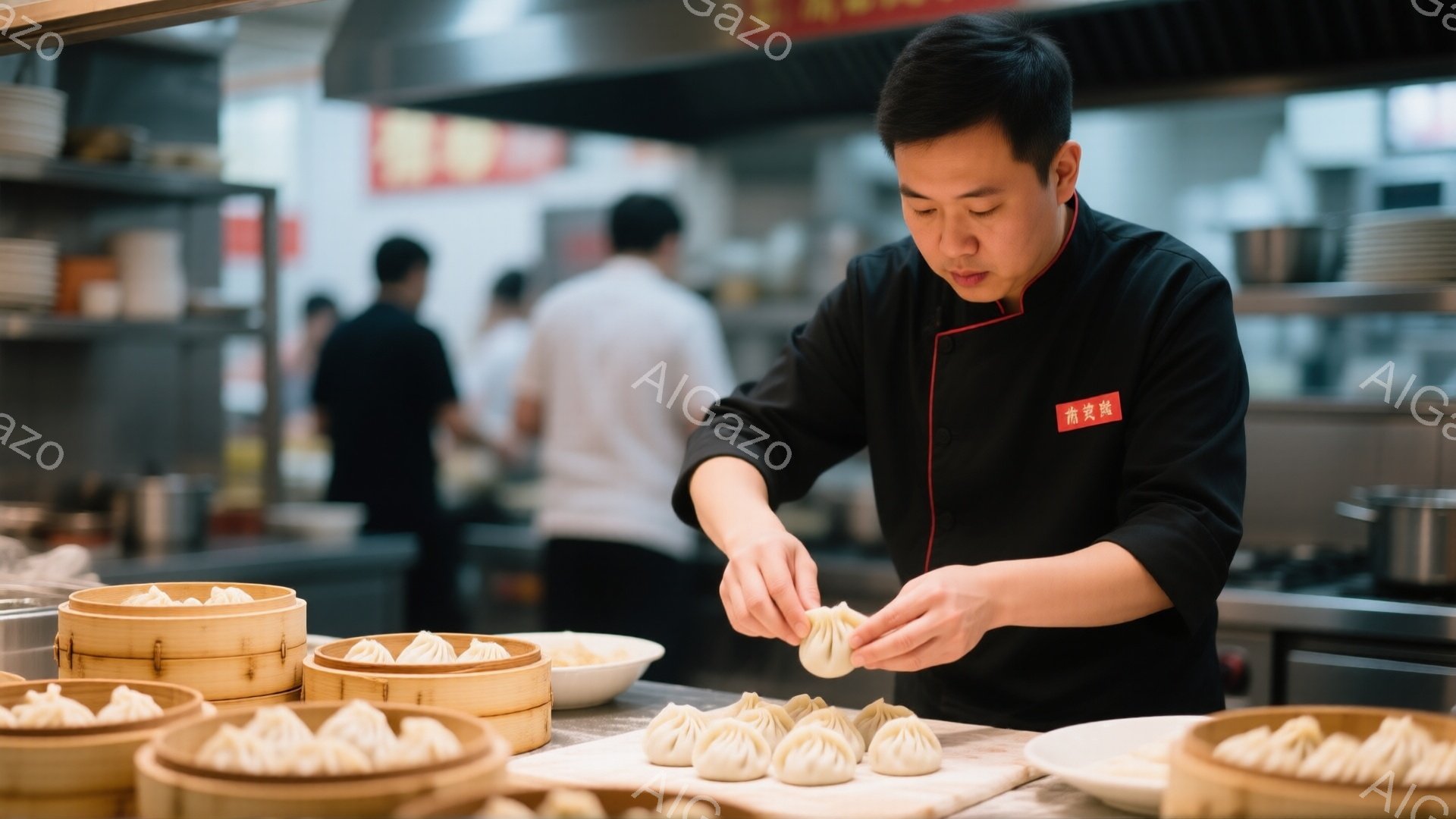 黒いシャツと赤いエプロンを着た男性が、蒸し器から出したばかりの小籠包のような餃子を丁寧に作っています。彼は集中した表情で作業に没頭しており、手つきは熟練しています。背景には、他のスタッフや調理器具が見 - AI生成フリー素材