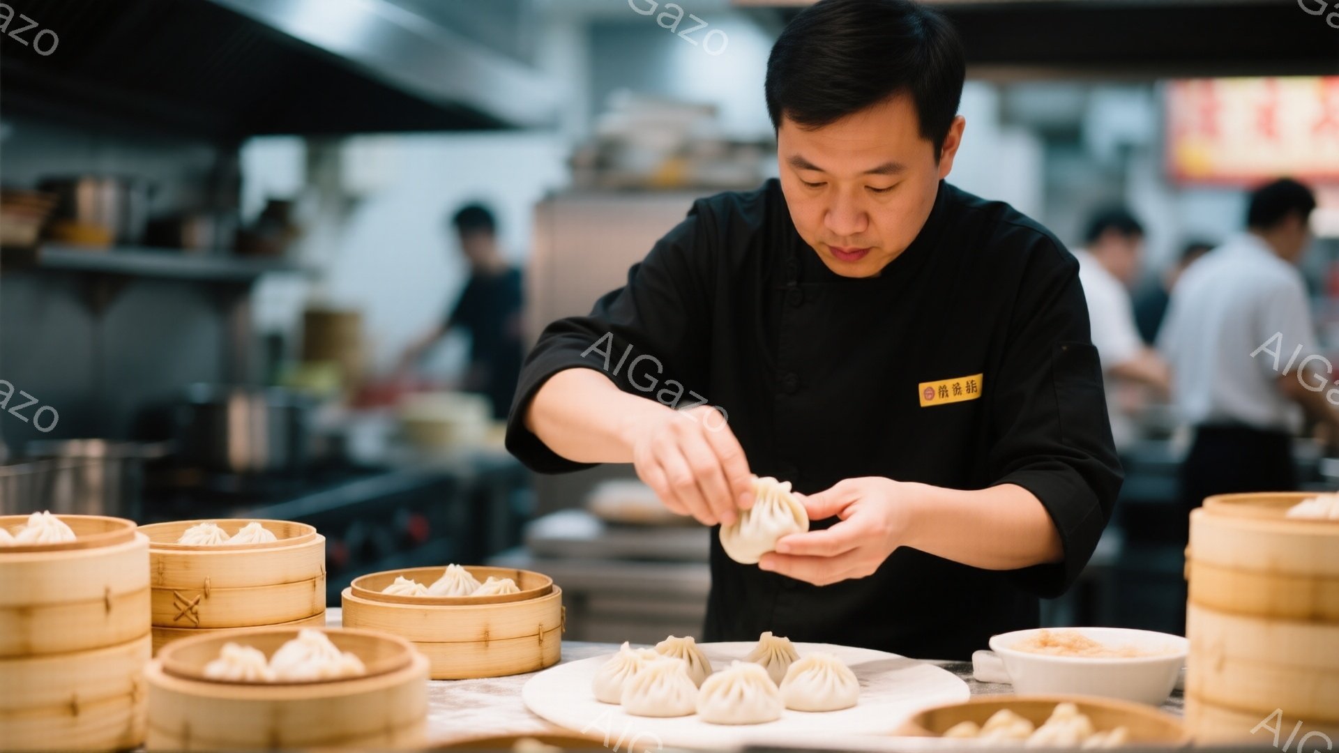 料理人が小籠包のようなものを手作りしている様子が写っている。彼は黒い作業着を着ており、真剣な表情で一つ一つ丁寧に包んでいる。背景には蒸し器に並んだ小籠包や他のスタッフが見え、活気のある厨房の様子が伺える。