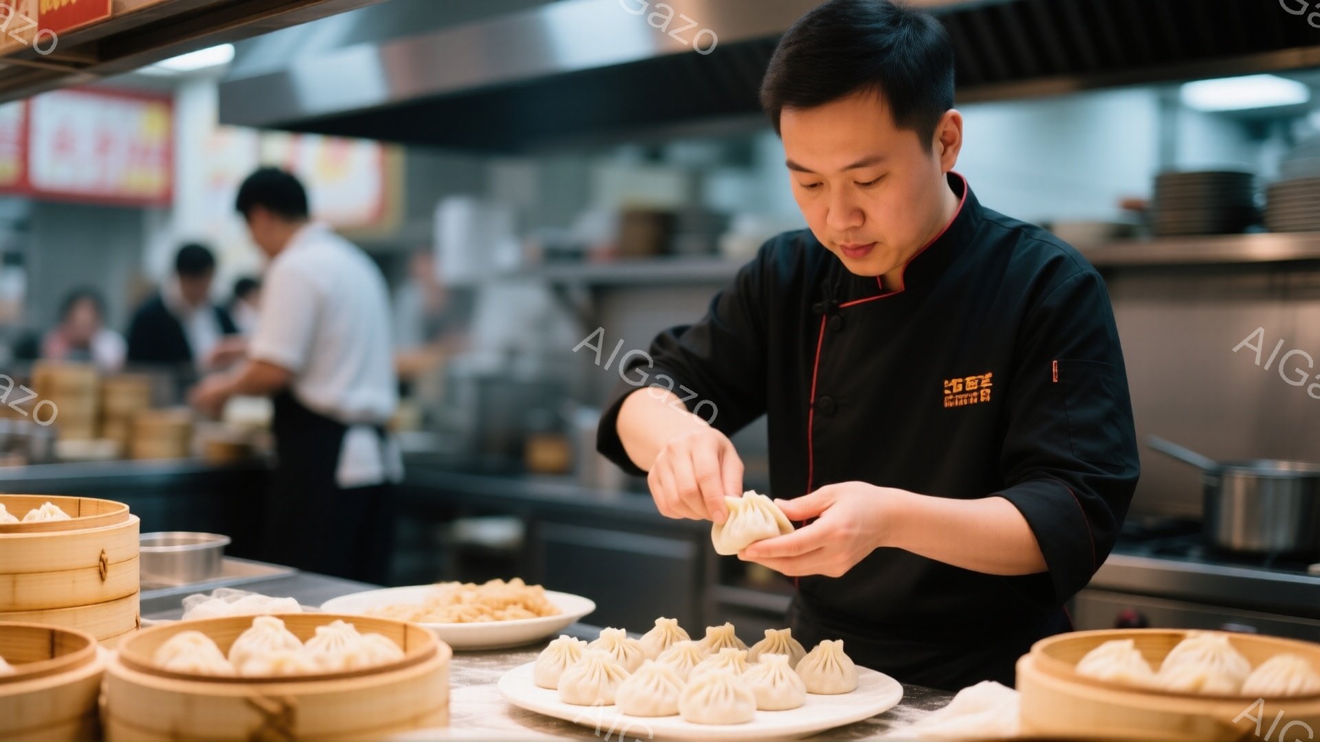 料理人が小籠包のような餃子を作っている様子が写っている。彼は黒い制服を着ており、真剣な表情で手先を動かしている。背景には他のスタッフや調理器具が見え、中華料理店の厨房の賑やかな雰囲気が伝わってくる。 - AI生成フリー素材