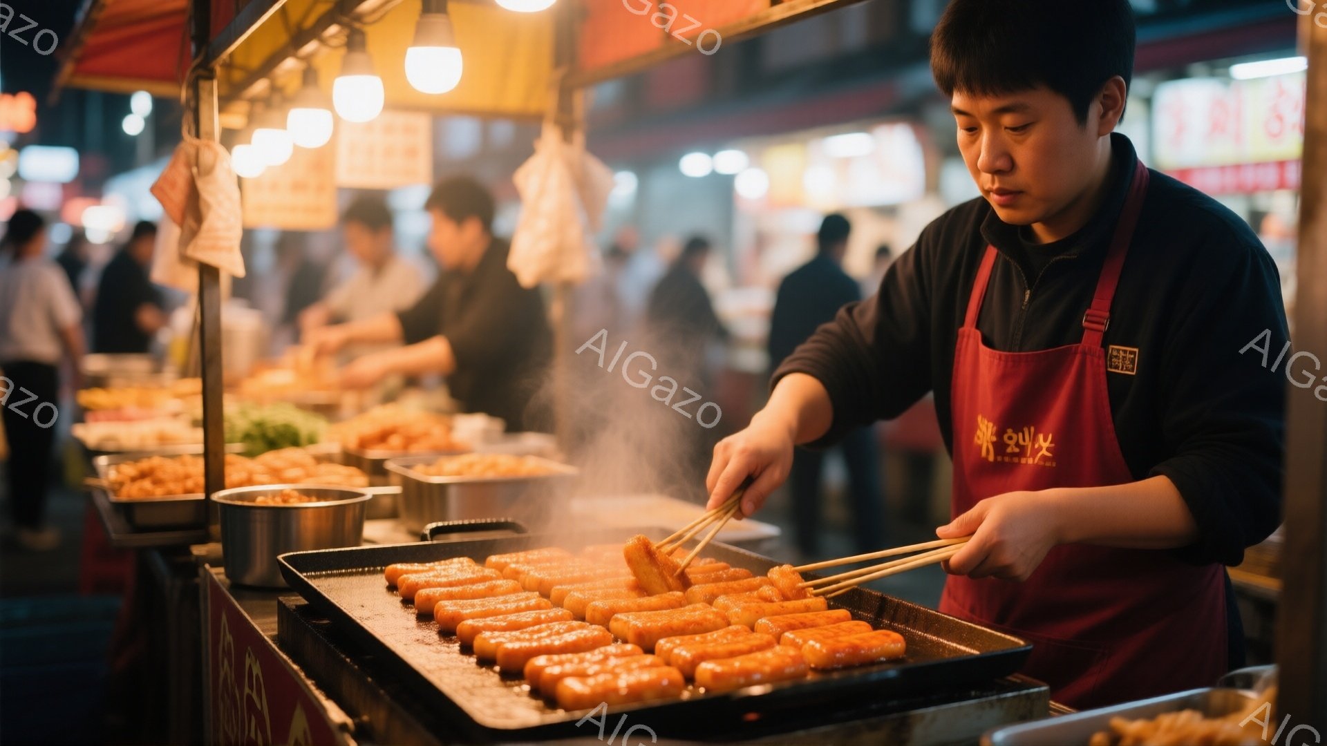 屋台でトッポギを焼いている男性が写っています。彼は黒いエプロンとジャンパーを着ており、真剣な表情でトッポギを箸で並べています。背景には多くの人々や屋台がぼやけて写っており、活気のある屋台の雰囲気が伝わ - AI生成フリー素材