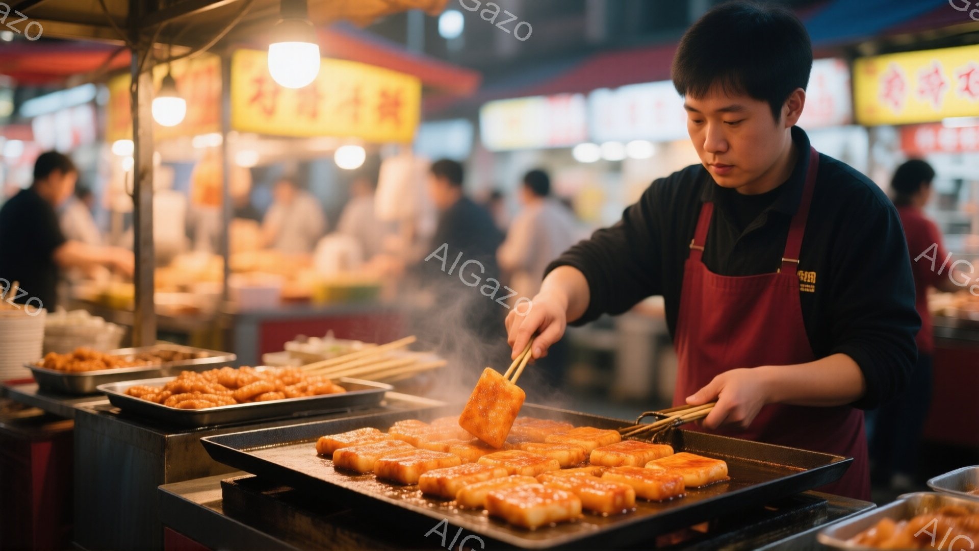 屋台で焼きそばを作っている男性が写っている。黒い長袖シャツに赤いエプロンをつけ、髪は短く整えられている。背景には多くの人々や屋台がぼやけて写っており、活気のある夜の市場の雰囲気が感じられる。