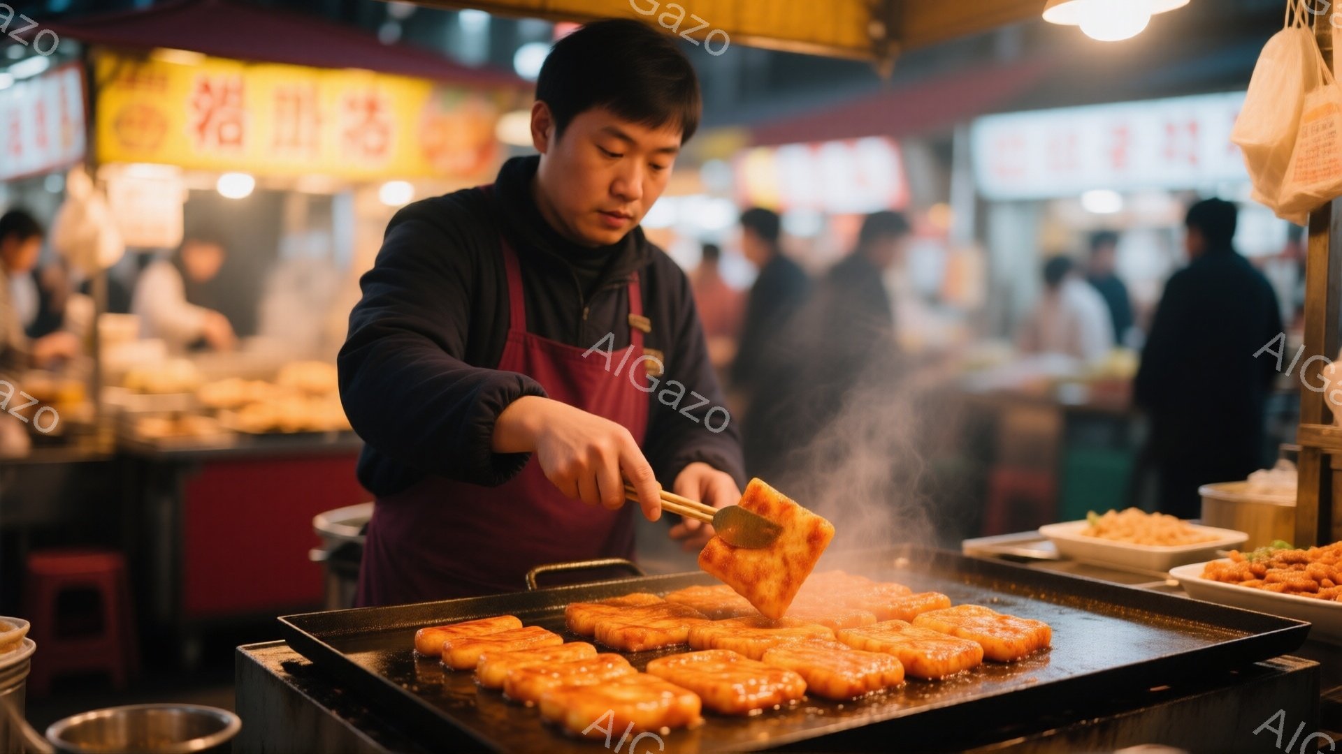屋台で男性がテッパンキ（鉄板焼き）を作っている様子が写っている。彼は黒い上着とエプロンを着用し、少し無表情な顔でトングを使って赤く照り輝く食べ物を鉄板から持ち上げている。背景には他の屋台客やぼやけた光 - AI生成フリー素材