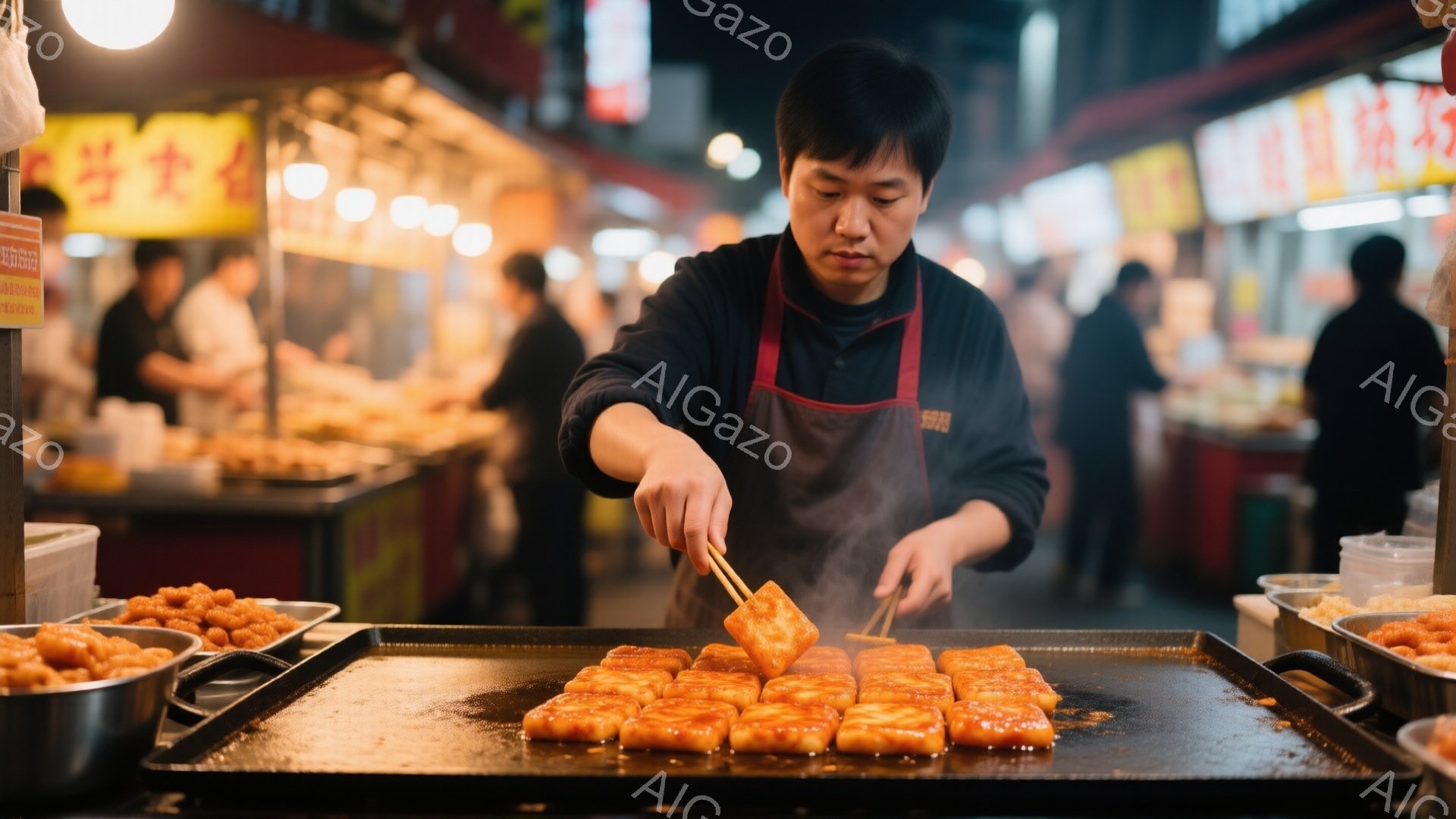 屋台で男性が赤いソースを塗った団子を焼いている様子が写っている。彼は黒いエプロンと長袖のシャツを着ており、真剣な表情でトングを使って団子を並べ、調理している。背景には他の屋台や人々が見え、夜の賑やかな市場の雰囲気が漂っている。