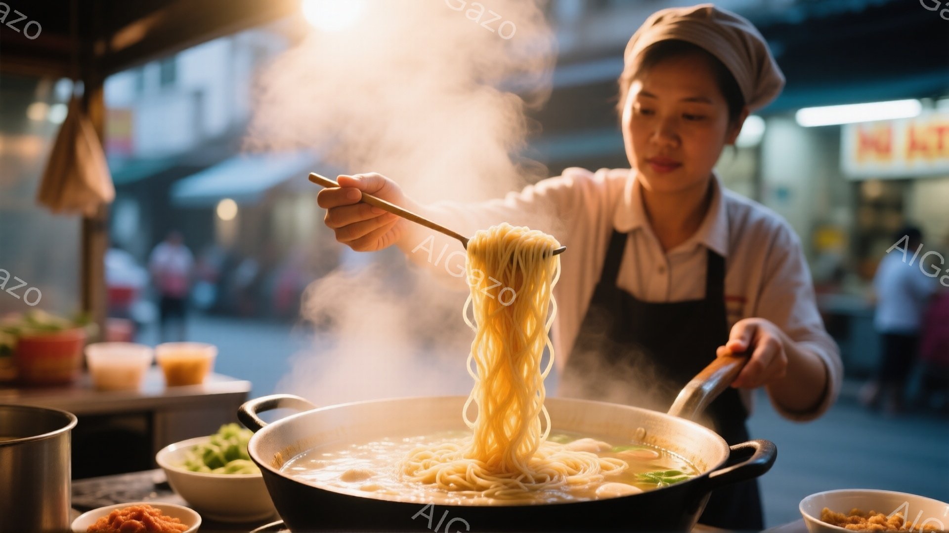 屋台で女性が湯気を立てる大きな鍋から麺を盛り付けている。彼女は白い帽子とエプロンを身に着け、真剣な表情で麺を箸で持ち上げている。背景には他の食材や人々が見え、活気のある屋台の雰囲気が伝わってくる。