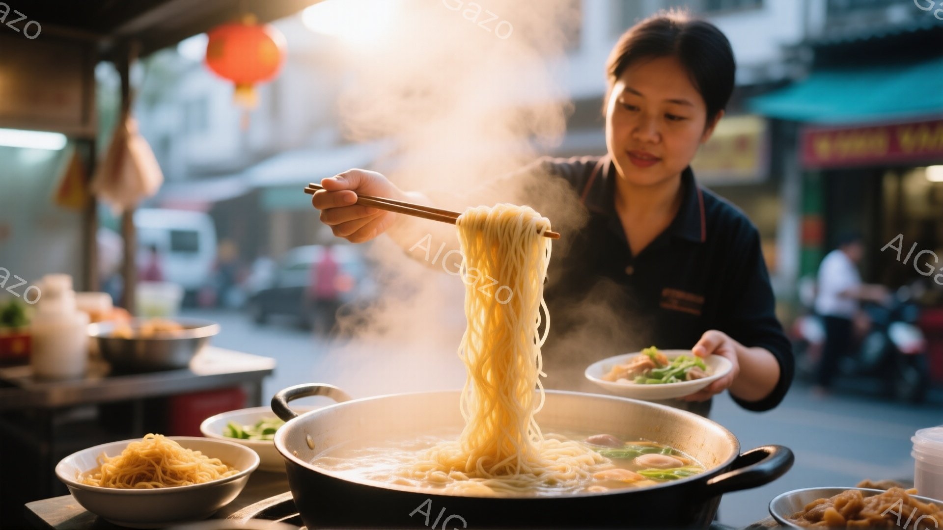 屋台で麺を調理する女性が写っている。彼女は黒いシャツを着ており、髪を後ろにまとめている。大きな鍋から湯気が立ち上り、調理された麺が盛り付けられた皿に運ばれている様子は、活気があり温かい雰囲気を醸し出している。
