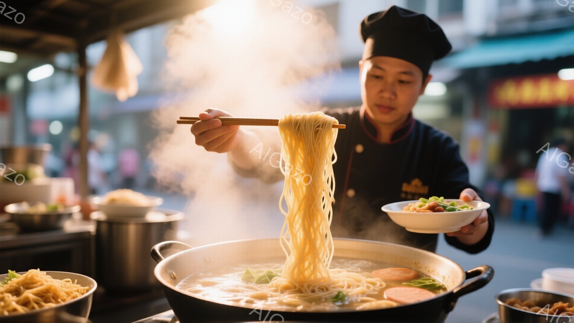 料理人は黒い帽子と白の制服を着て、大きな鍋から湯気を立てる麺を箸で持ち上げています。彼は真剣な表情で麺を盛り付けている様子で、背景には他の料理や賑やかな市場の風景が見えます。全体的に、活気があり、食欲をそそる雰囲気です。