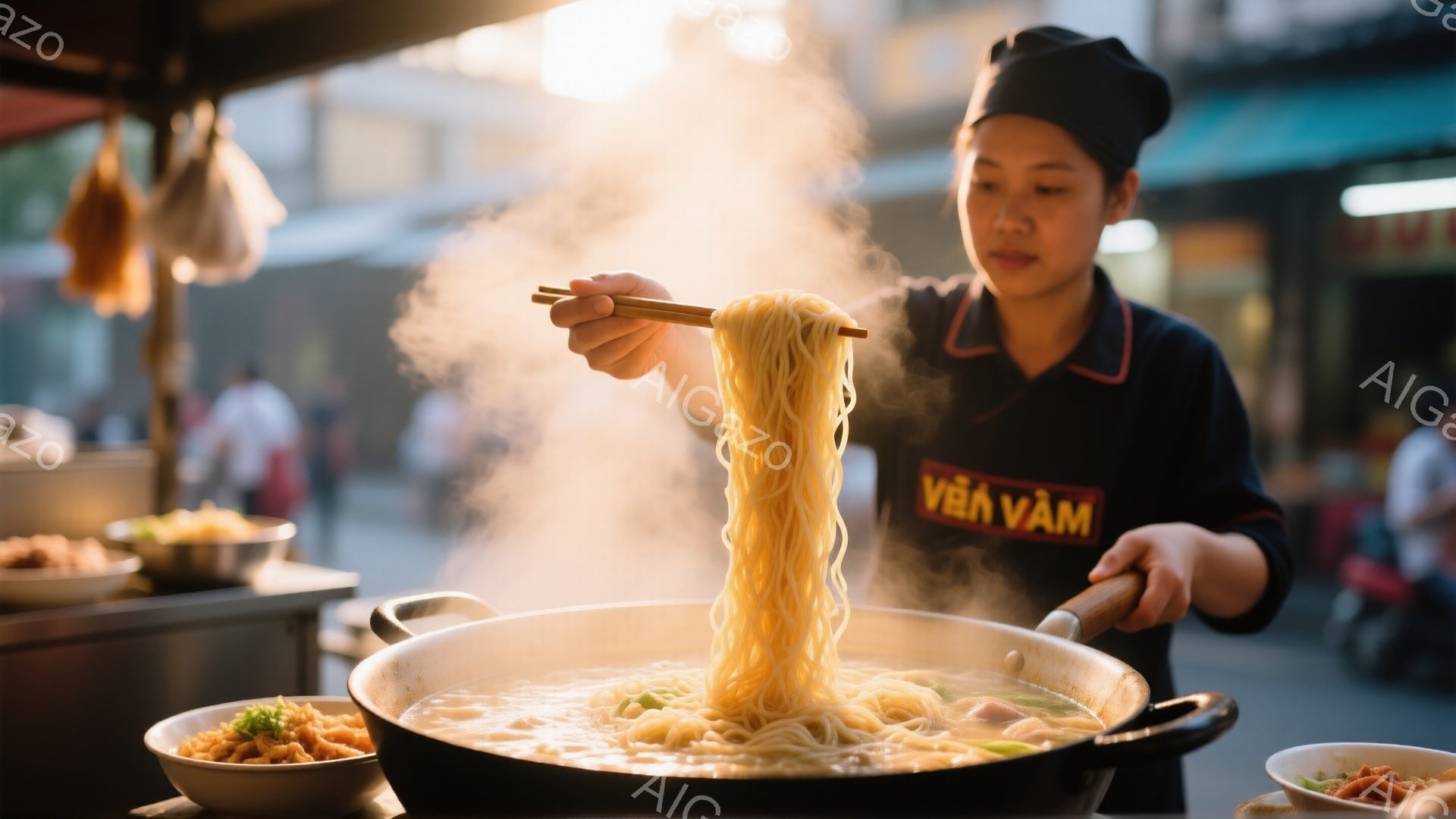 ベトナムの屋台で、女性が熱い麺を箸で持ち上げている様子が写っている。彼女は黒い制服と帽子を身につけ、真剣な表情で麺を調理している。背景には他の屋台や通行人がぼやけて写っており、湯気が立ち込める中、活気のある屋台の雰囲気が伝わる。