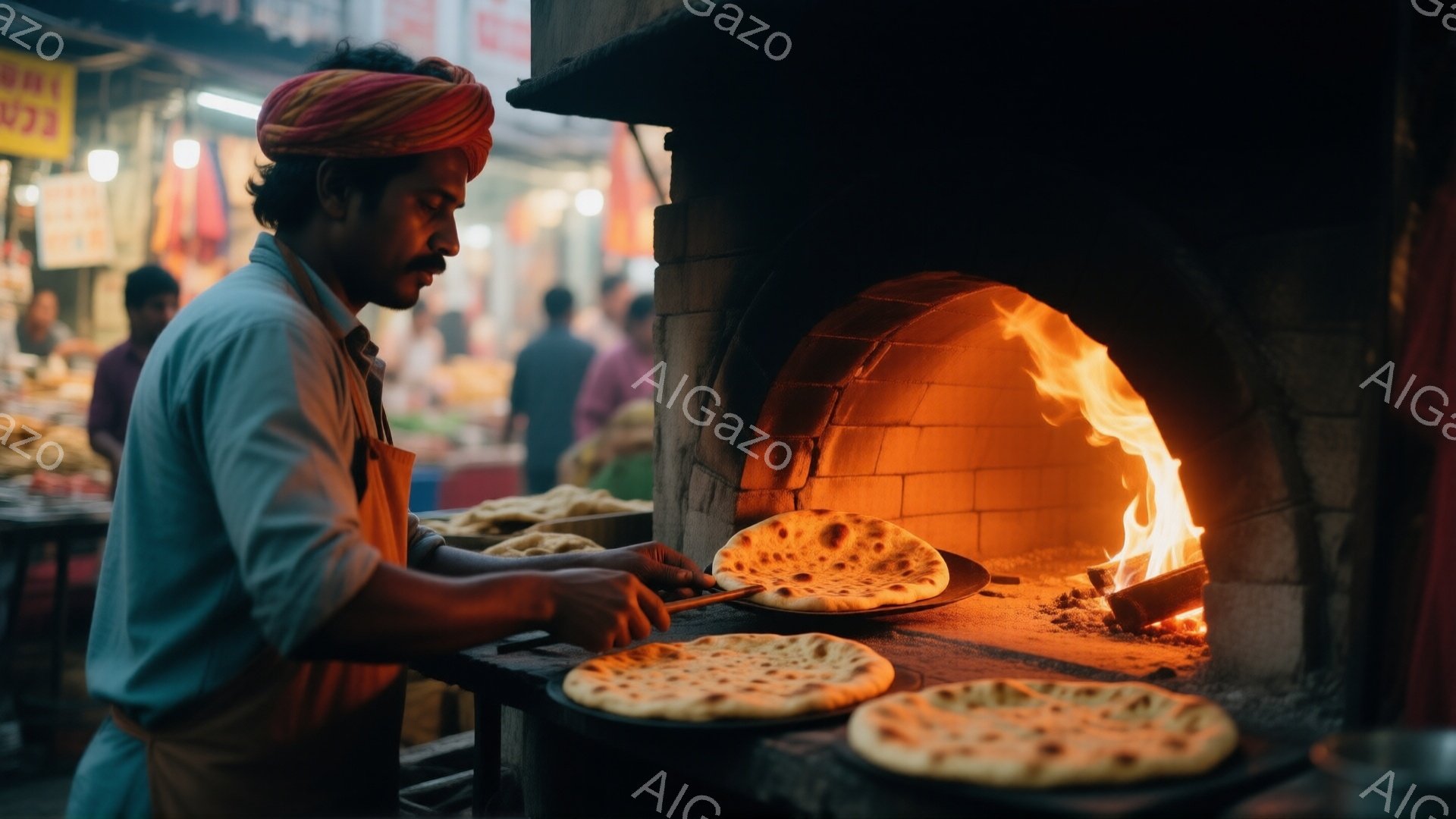 薄暗い路地裏で、ターバンを巻いた男性が、レンガ造りの窯の中でナンを焼いている。彼はエプロンを身につけ、真剣な表情でナンを窯から取り出そうとしている。背景には、他の人々や店がぼやけて写っており、活気のある市場の雰囲気が伝わってくる。
