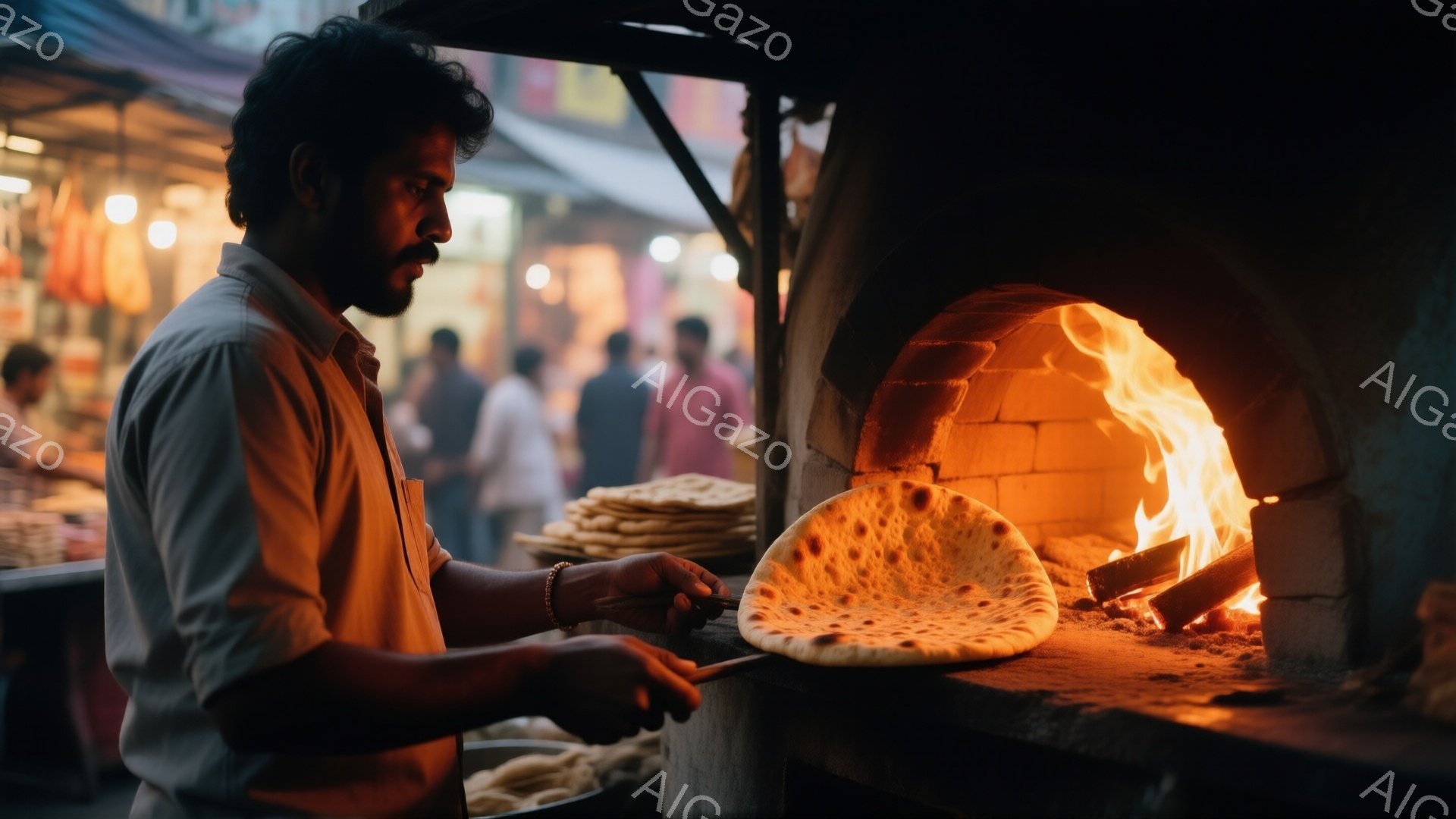 男は薄暗いレンガ造りの窯の前で、平たいパン生地を窯に差し込んでいる。彼は短く刈り込まれた髭を持ち、茶色のシャツを着ている。背景には、活気のある市場のぼかしと、人々の姿が見え、全体的に暖かく、活気のある - AI生成フリー素材