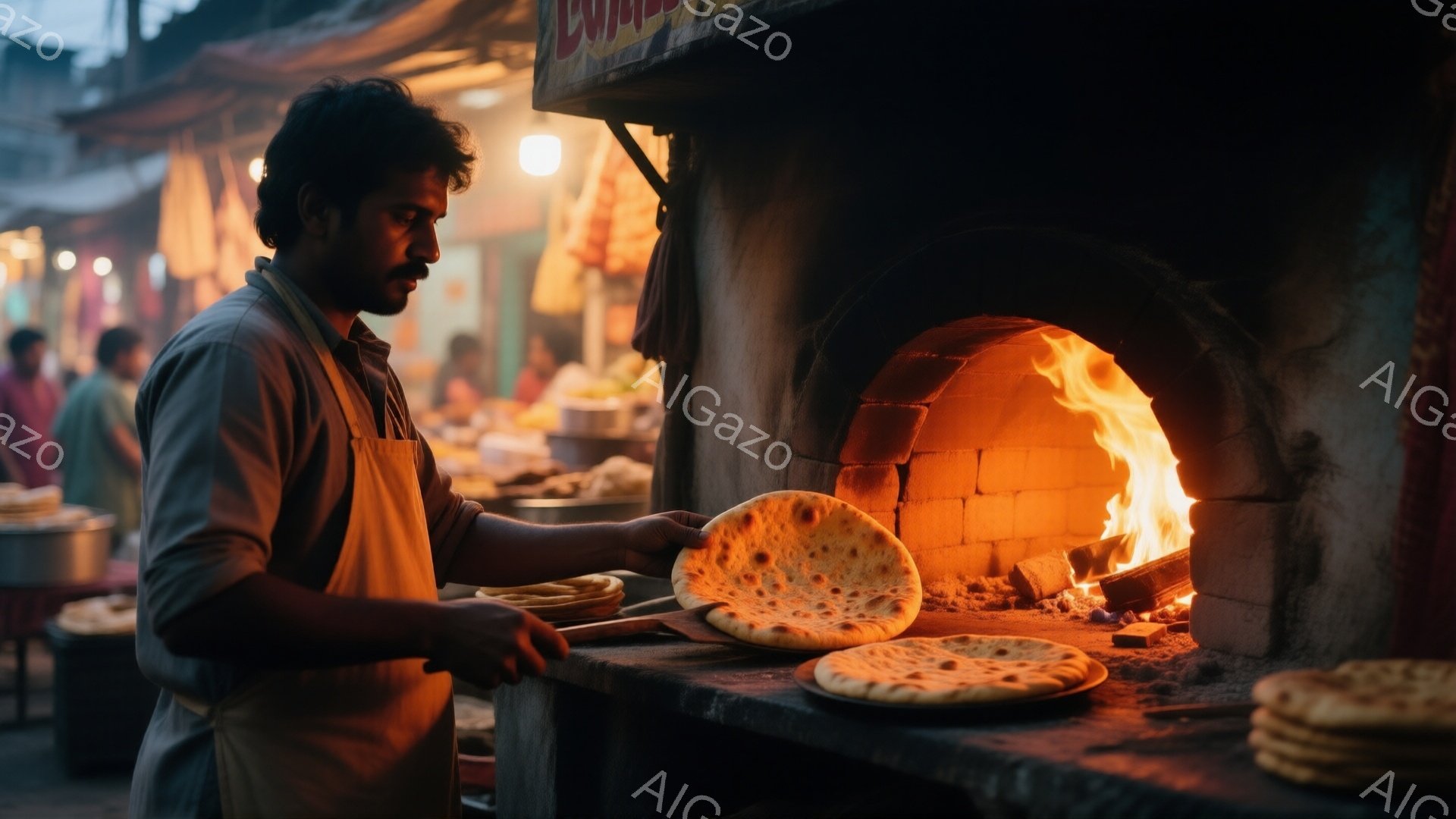 男はエプロンを身につけ、熱い窯の中でナンを焼いている。彼は集中した表情でナンを窯から取り出そうとしているが、その姿は職人技を感じさせる。背景には、活気のある屋台の風景が広がり、暖かく賑やかな雰囲気が漂っている。