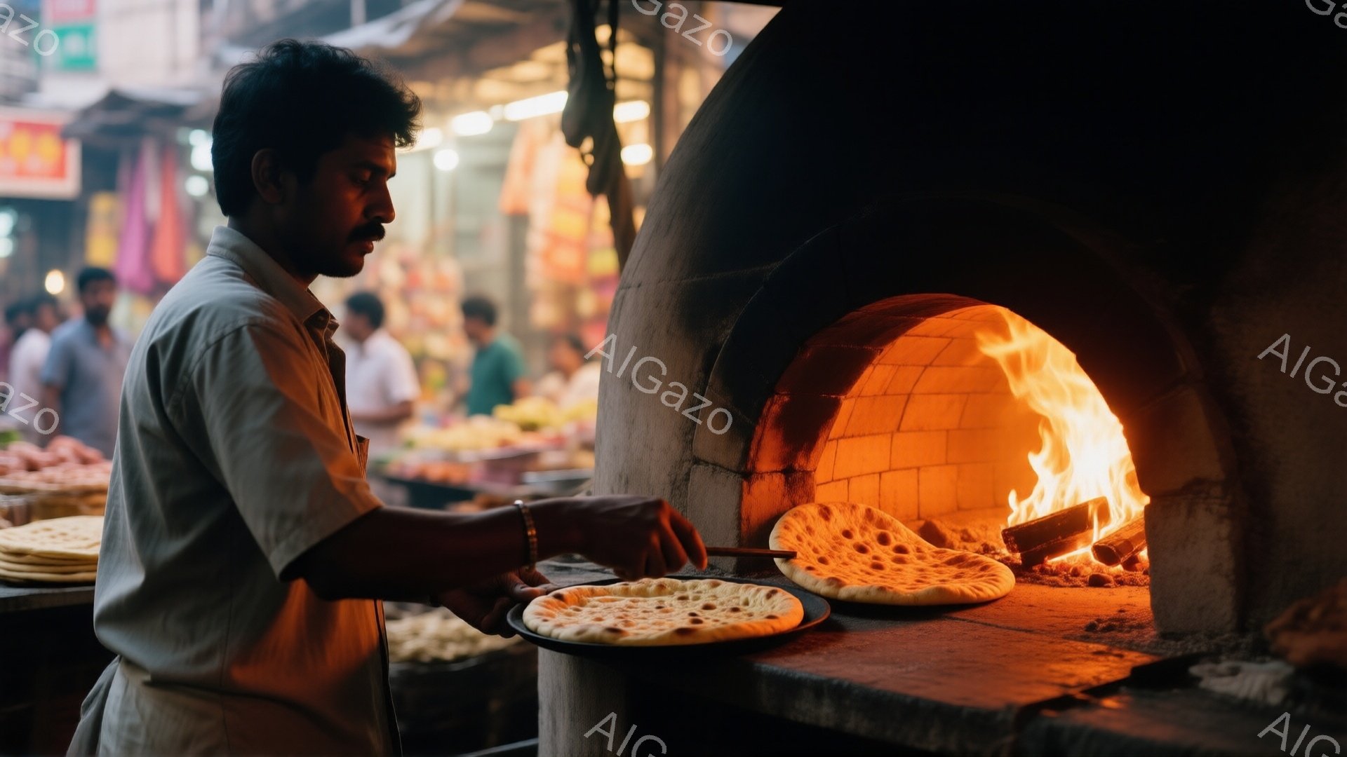煉瓦造りの窯の中で、パンのようなものを焼いている男性が写っている。彼は薄緑色のシャツを着ており、短く整えられた髪をしている。背景には、人々のぼやけた姿と活気のある市場の様子がうかがえ、全体的に暖かく活気のある雰囲気が漂っている。
