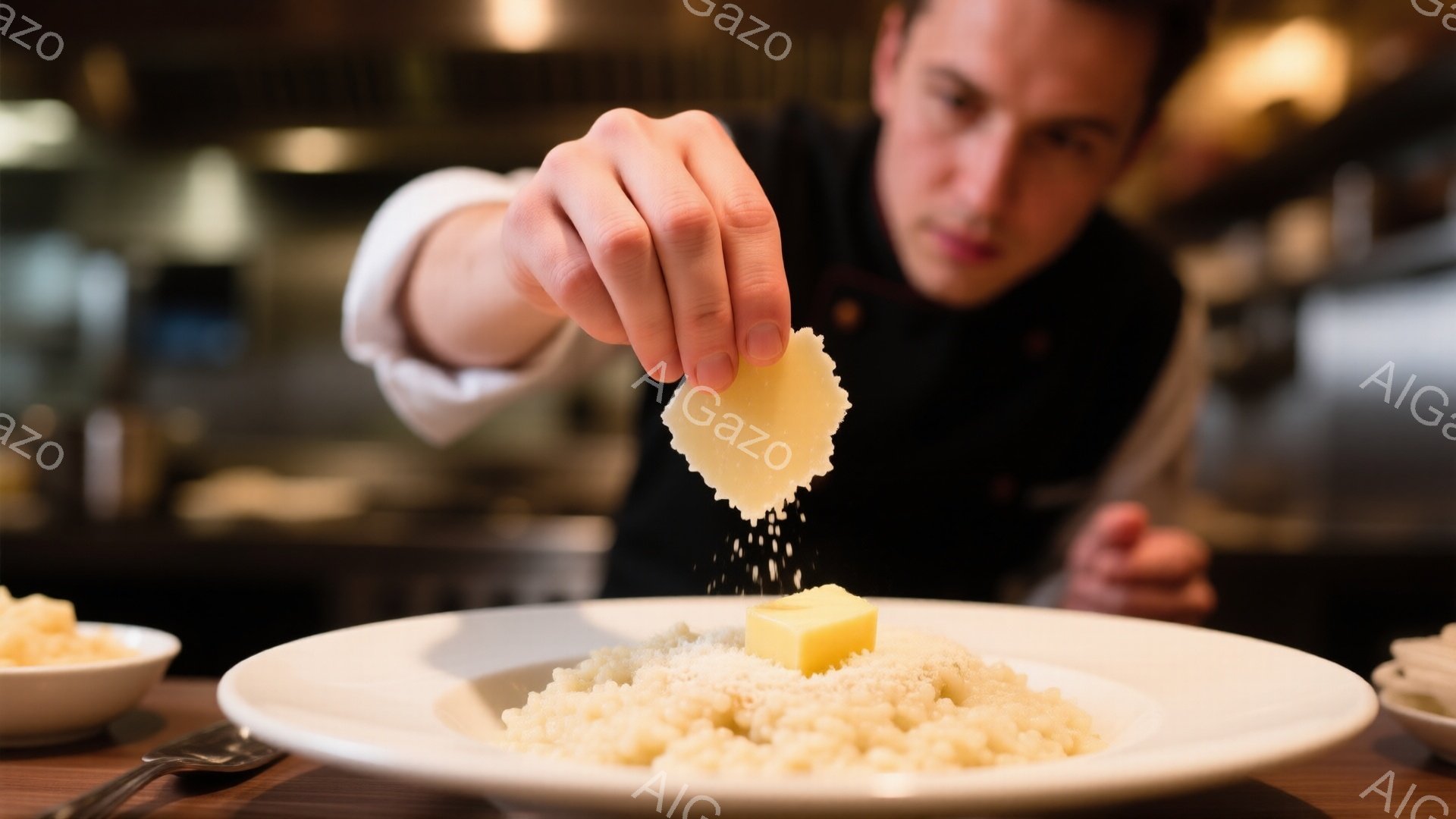 焦点は、白っぽい盛り付けられたリゾットの上に、粉チーズを振りかける男性の手に合わされています。彼は白いコックコートを着ており、髪は短く整えられ、真剣な表情で料理に集中しています。背景はレストランの厨房のようで、ぼやけていますが、暖かく落ち着いた雰囲気です。