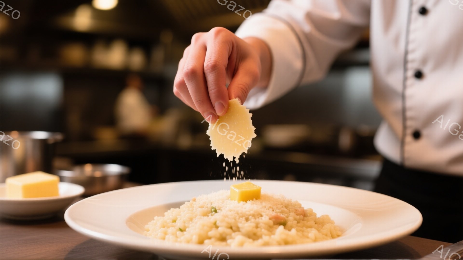 白い皿に盛り付けられたリゾットの上に、手がパルメザンチーズを振りかけている様子が写っている。シェフは黒いボタンのついた白いシャツを着ており、背景にはステンレス製の調理器具がぼやけて見える。暖色系の照明とリゾットの黄色、パルメザンチーズの白が合わさり、食欲をそそる雰囲気を作り出している。