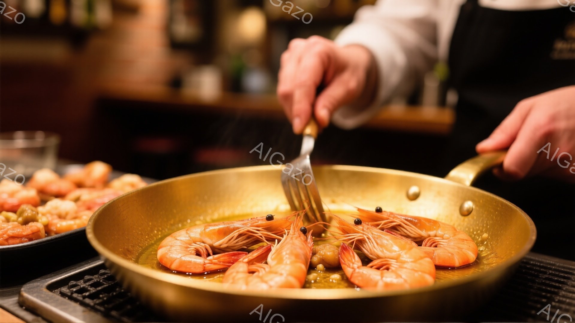 鉄製のフライパンでエビが調理されている様子が写っている。調理者は白いシャツを着ており、エビをフォークで軽くつついている。背景には、調理済みのエビが盛られた皿や、様々な瓶が並んでいるのがぼやけて見える、レストランの厨房の雰囲気である。