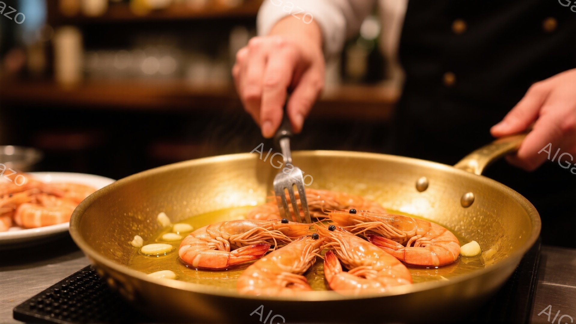 鉄製のフライパンの中で、エビとニンニクがオリーブオイルの中で調理されている様子が写っている。調理人は黒い制服を着ており、エビをフォークで慎重に扱っている。背景にはぼやけた棚と瓶が見え、レストランや厨房のような雰囲気で、温かく食欲をそそる光景である。