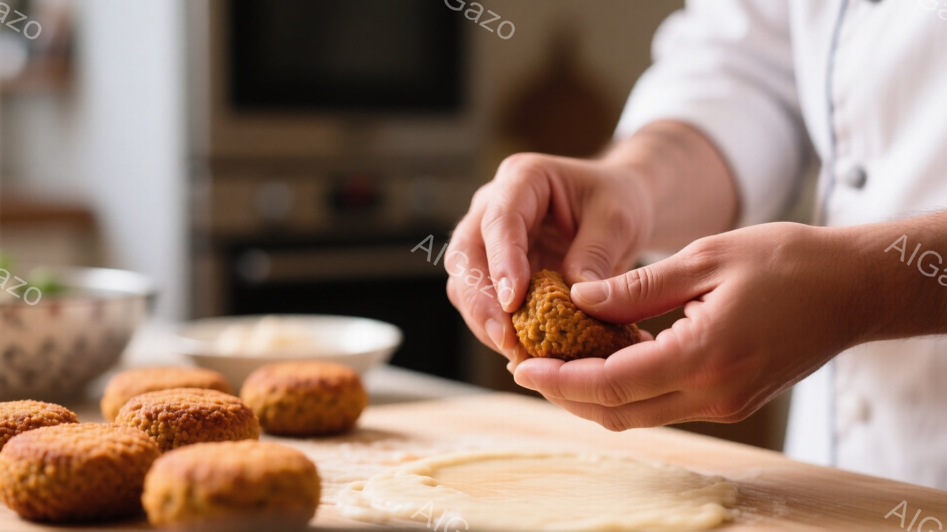 手が焦げ茶色の塊を握っており、調理中の様子が伺える。背景には同様の塊が数個並び、薄く伸ばされた生地も見えていることから、手作り料理の準備段階であることがわかる。白いシャツを着た人物の手元に焦点が当たり、暖かく家庭的な雰囲気が漂う。