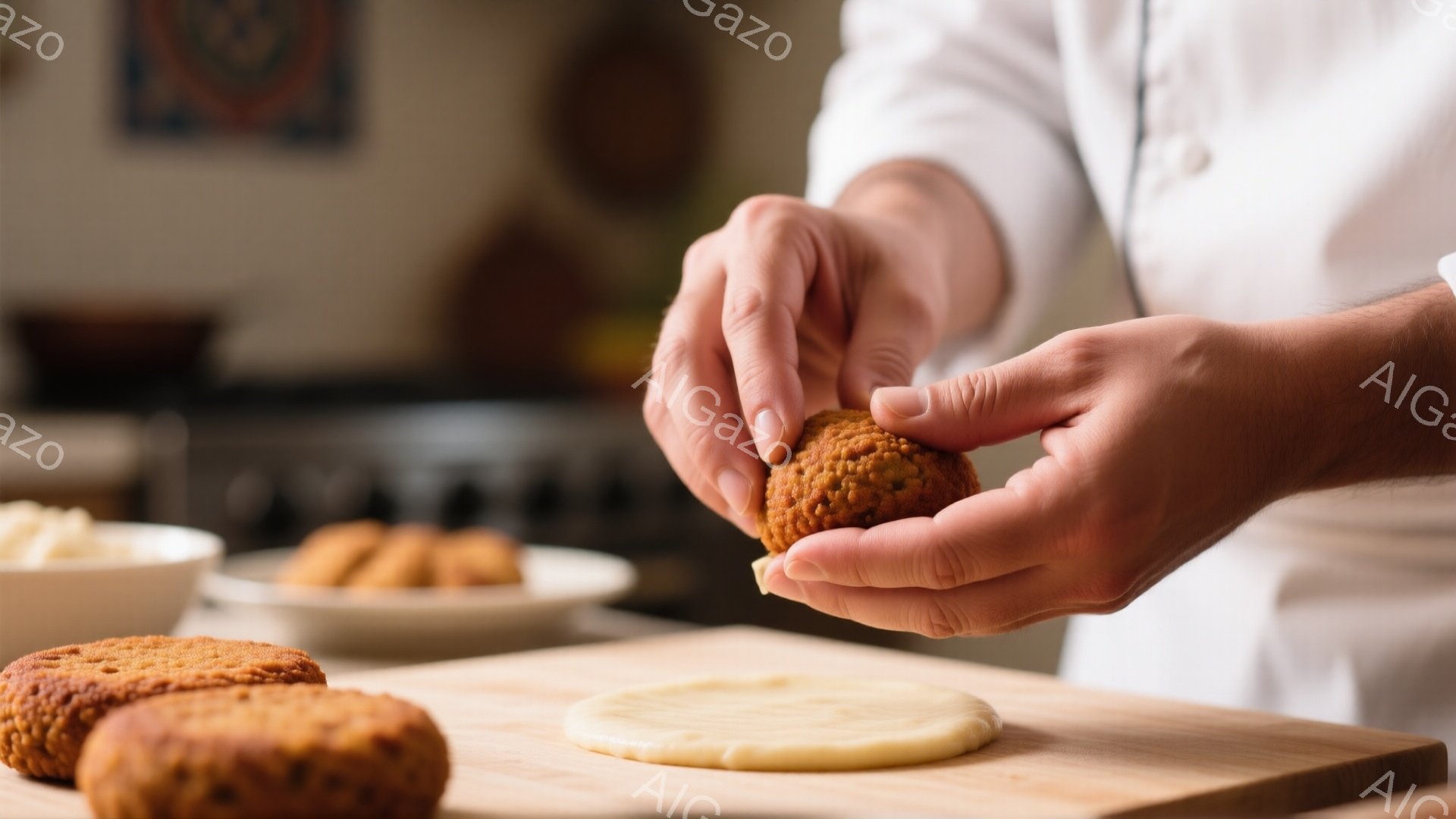 白いコックコートを着た人物が、丸めたミートボールのようなものを手に持っているクローズアップ写真です。木製のまな板の上には、すでに調理されたパテや、ミートボールを包むための薄い生地が置かれています。背景はぼかされており、料理に集中した穏やかな雰囲気が漂っています。