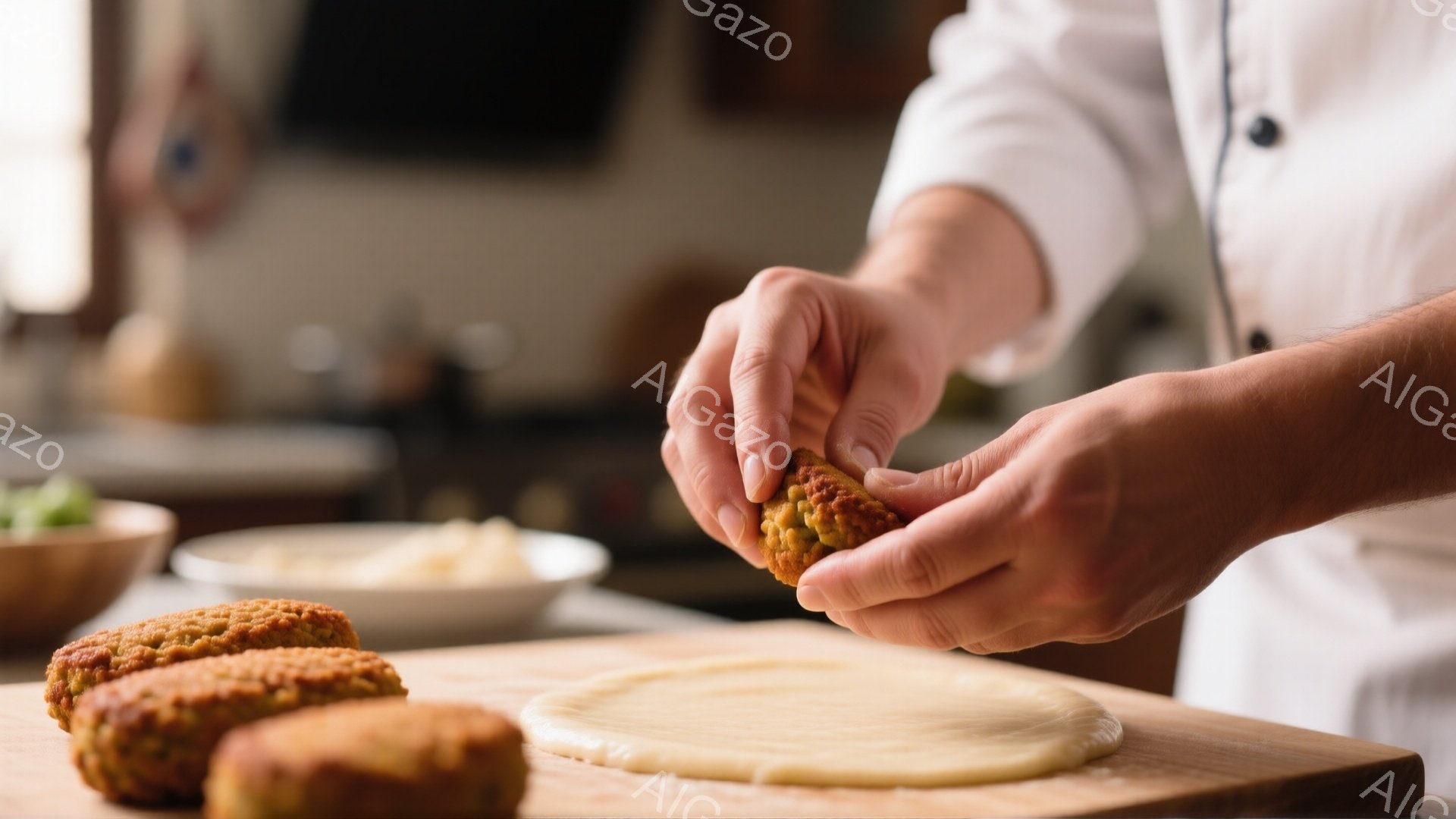 白いコックコートを着た人物が、木製のまな板の上で何らかの食材を手に持っています。周りには、調理済みのパテ状の食品と、薄く伸ばされた生地が見え、料理の準備が進んでいる様子が伺えます。背景はぼやけていますが、キッチンの一角であると推測され、暖かく家庭的な雰囲気が感じられます。