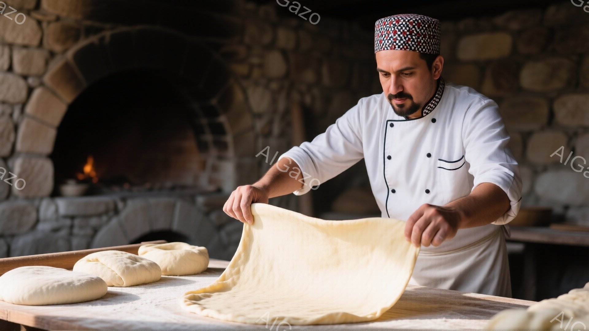 白いコックコートと帽子を着用した男性が、小麦粉をふったテーブルの上で生地を伸ばしている様子が写っている。彼は濃い眉と口髭を生やしており、真剣な表情で作業に集中している。背景には石造りのオーブンがあり、素朴で温かい雰囲気が漂っている。
