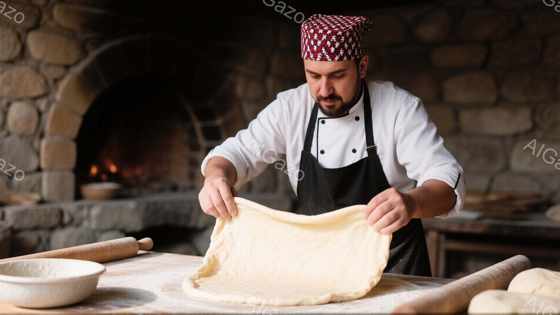 白いコックコートと黒いエプロンを身につけた男性が、小麦粉を練った生地を広げています。髭を生やし、赤い模様の帽子をかぶり、集中した表情で生地を伸ばしています。背景には石造りの壁とオーブンが見え、温かみのある雰囲気のパン工房で作業している様子が伺えます。