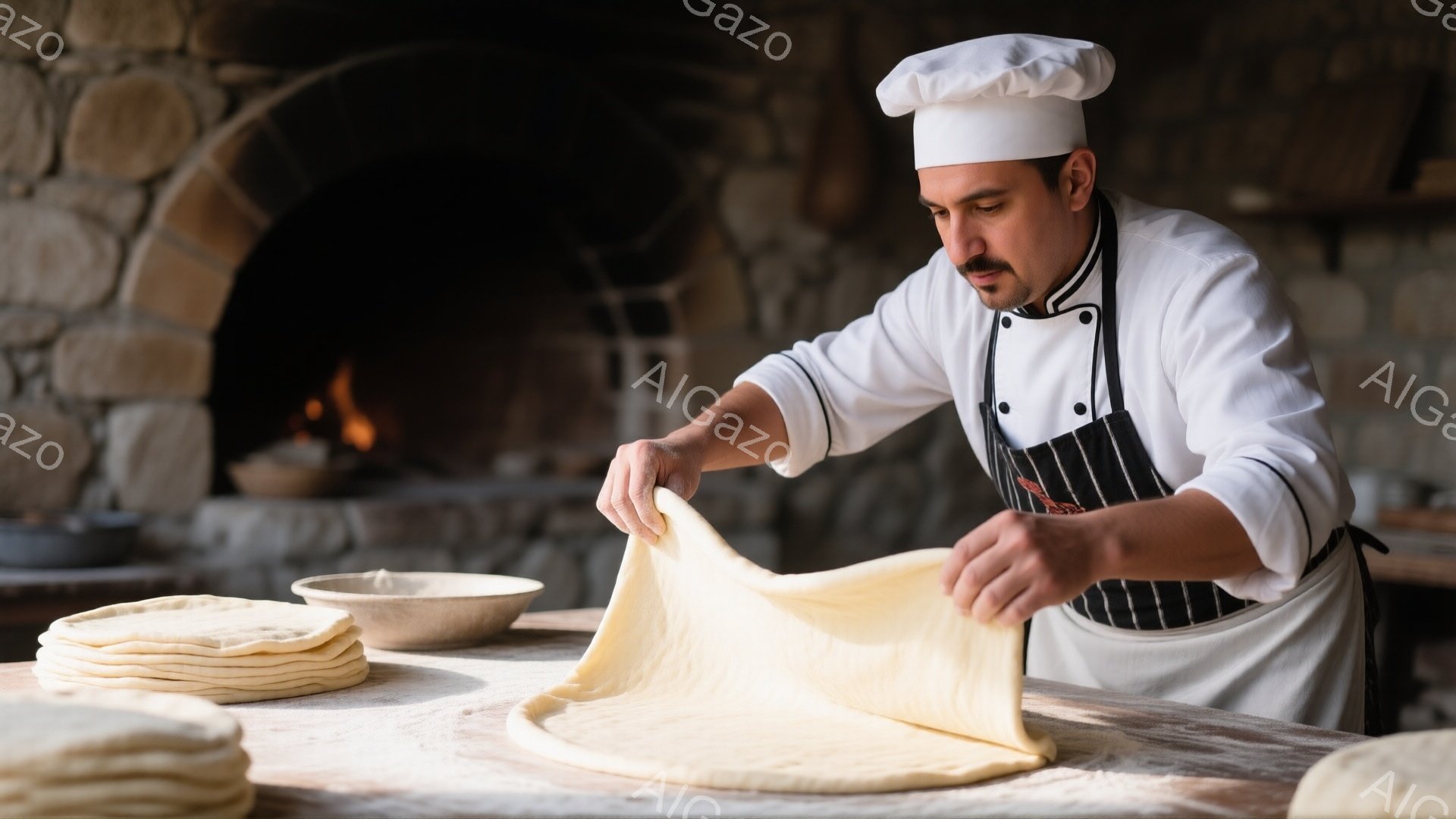 白いコック帽とエプロンをつけた男性が、小麦粉の生地をテーブルの上で伸ばしている様子が写っている。彼はひげを生やしており、真剣な表情で作業に集中している。背景には石造りのオーブンが見え、温かく素朴な雰囲気のパン工房であることがわかる。