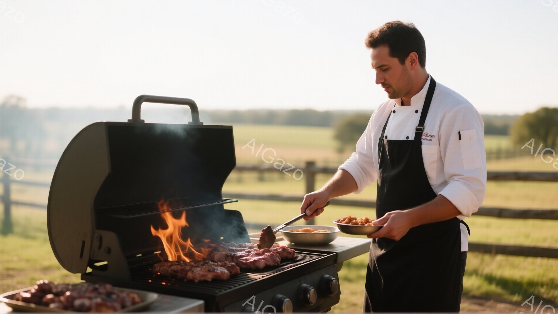 白いコックコートと黒いエプロンを身につけた男性が、庭のバーベキューグリルで肉を焼いている。彼は真剣な表情で、トングを使って肉を丁寧に扱い、もう一方の手で皿に入った別の肉の準備をしている。背景には緑の牧草地が広がり、遠くには木々が見え、晴れた日の穏やかな雰囲気を感じさせる。