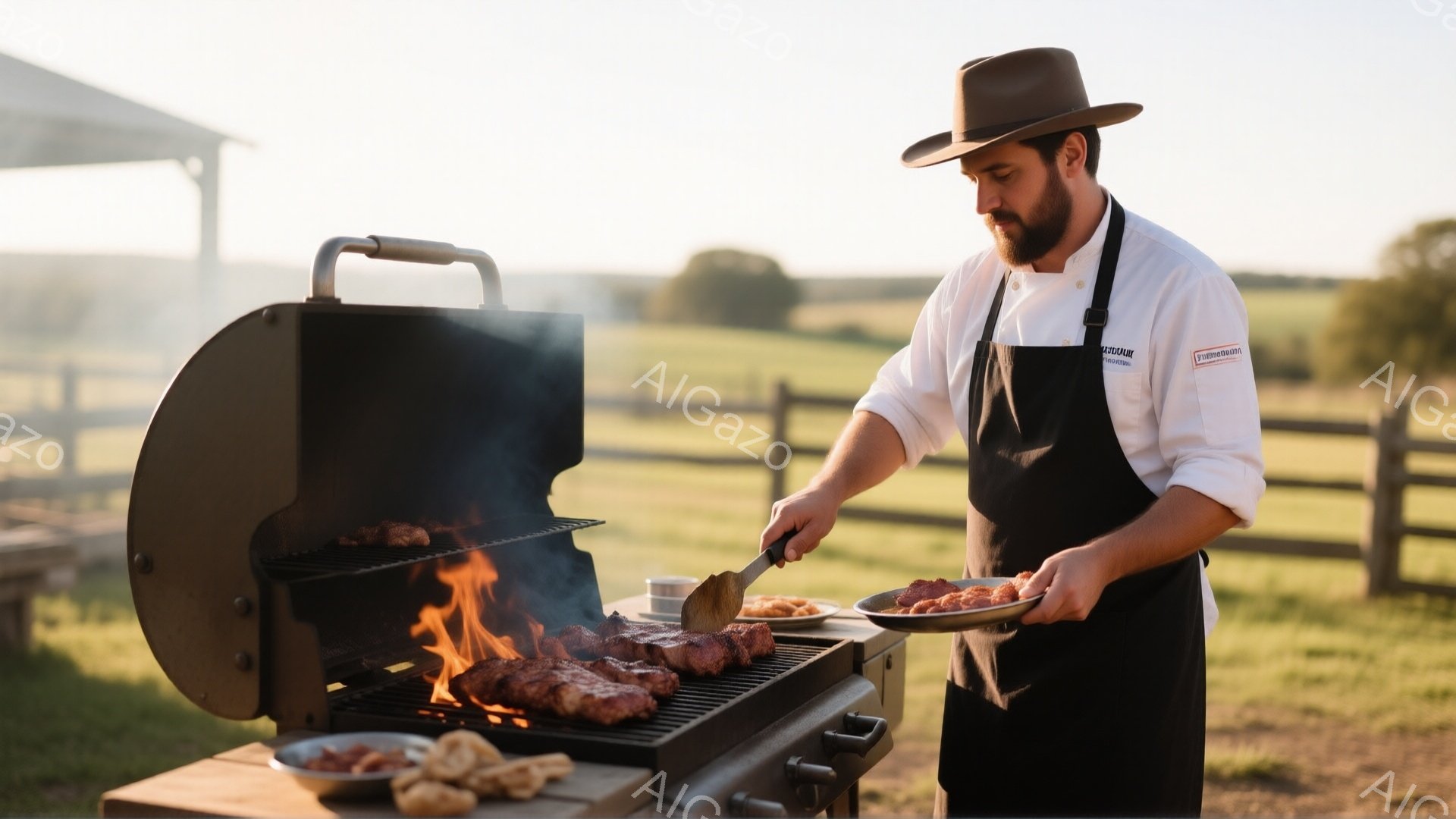熟練した料理人が屋外のグリルでステーキと野菜を焼いている様子が写っている。彼は黒いエプロンと白いコックコートを着ており、茶色の帽子をかぶり、自信に満ちた表情で調理に集中している。背景には緑豊かな牧草地と遠くの建物が見え、暖かく穏やかな雰囲気が漂っている。