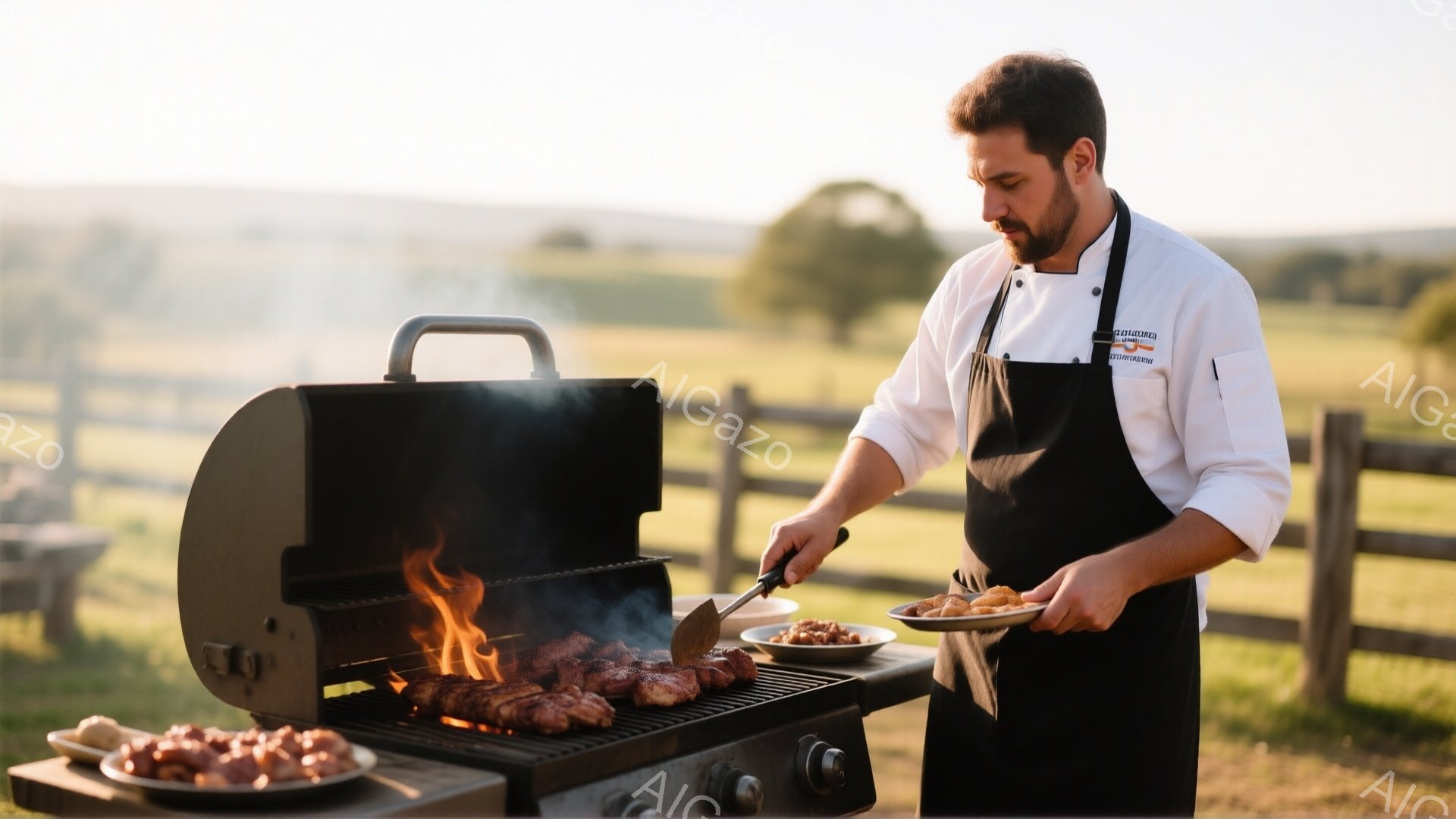 白いコックコートと黒いエプロンを着た男性が、バーベキューグリルで肉を焼いている。彼は短く整えられた髭と髪を持ち、集中した表情で皿に焼いた肉を盛り付けている。背景には緑豊かな牧草地が広がり、穏やかな日差しが差し込み、全体的に温かく家庭的な雰囲気を醸し出している。