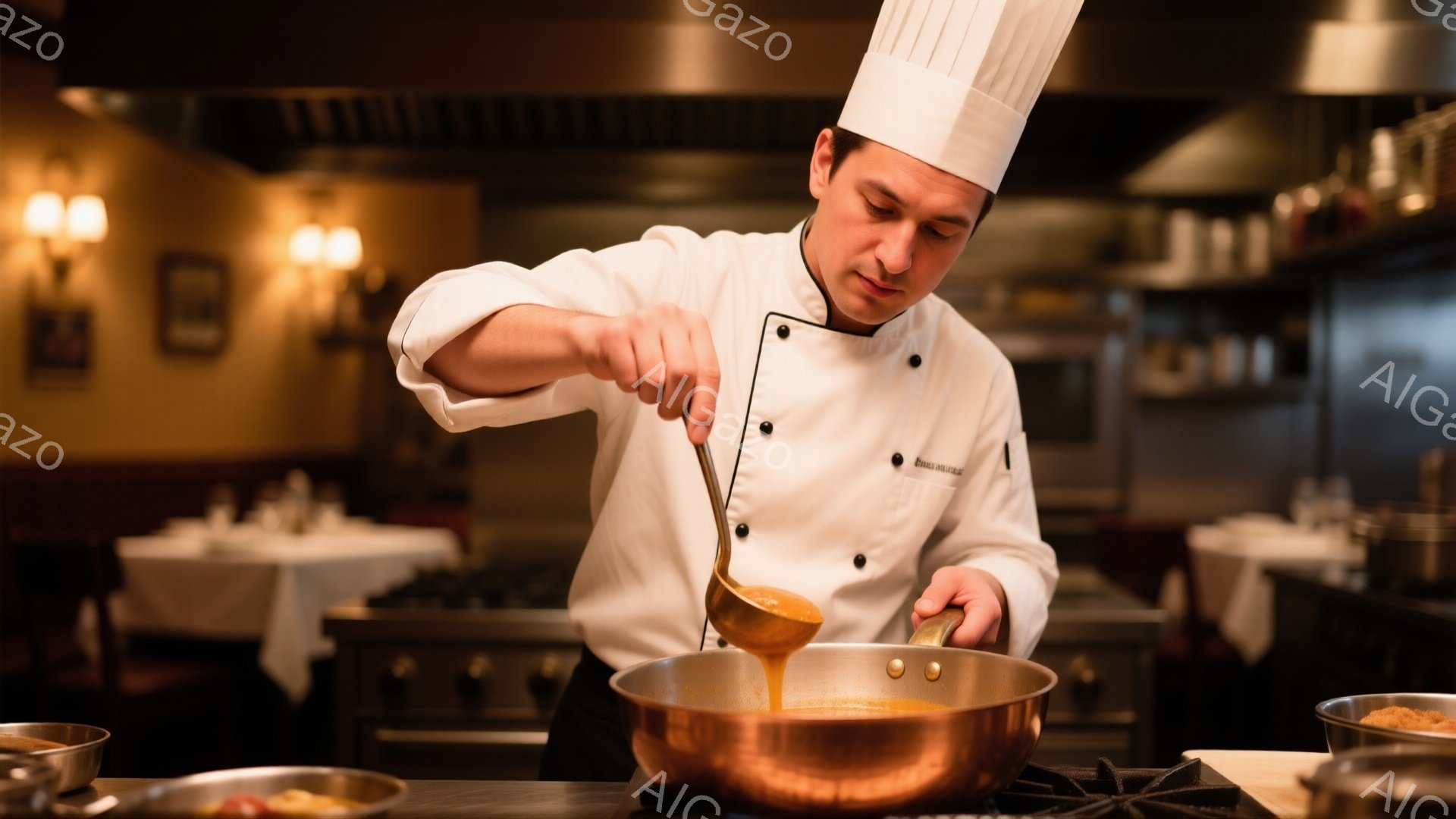 コック帽を被り、白のコックコートを着た男性が、銅色の鍋に何かを注ぎ入れています。彼は真剣な表情で鍋を見つめ、調理に集中している様子が伝わってきます。背景には、テーブルとキッチン設備があり、レストランの厨房のような暖かく落ち着いた雰囲気です。