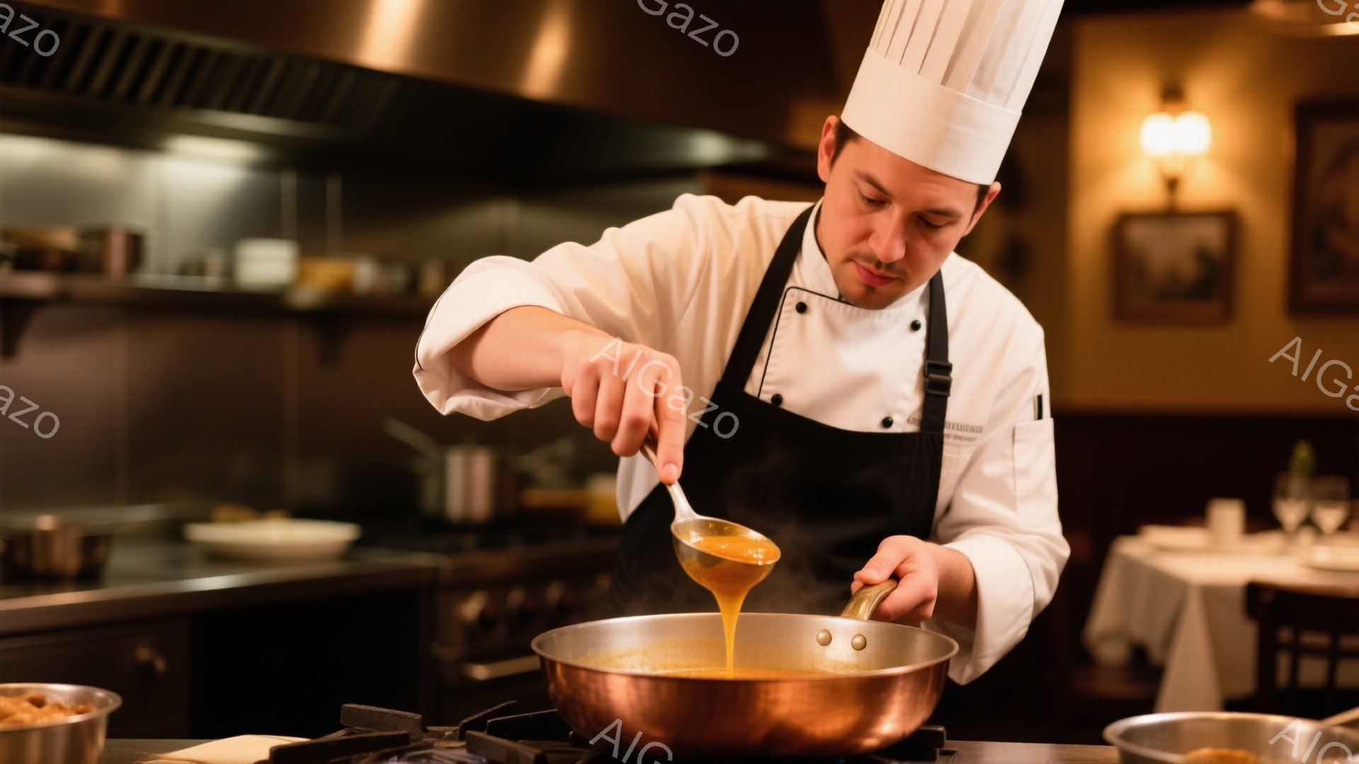 コック帽とエプロンを身に着けた男性が、フライパンにソースを注いでいる様子が写っている。彼は真剣な表情で調理に集中しており、手つきは丁寧だ。背景には、レストランのダイニングスペースと薄暗い照明、そしてテ - AI生成フリー素材