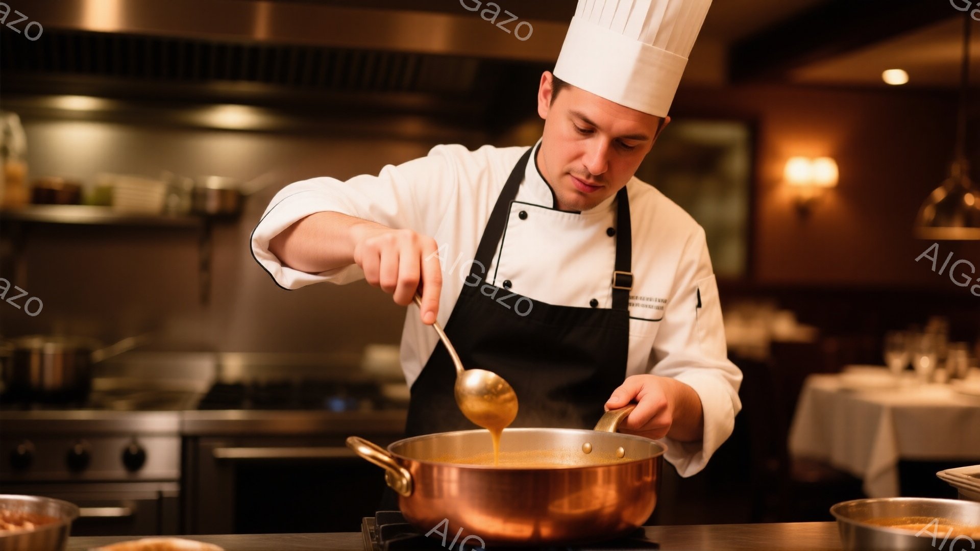 プロの料理人が調理中の様子が写っている。彼は白いコック帽と黒いエプロンを身に着け、銅色の鍋に何かをすくっている。背景にはキッチン設備が見え、落ち着いた照明が暖かく、高級感のあるレストランの雰囲気を醸し出している。