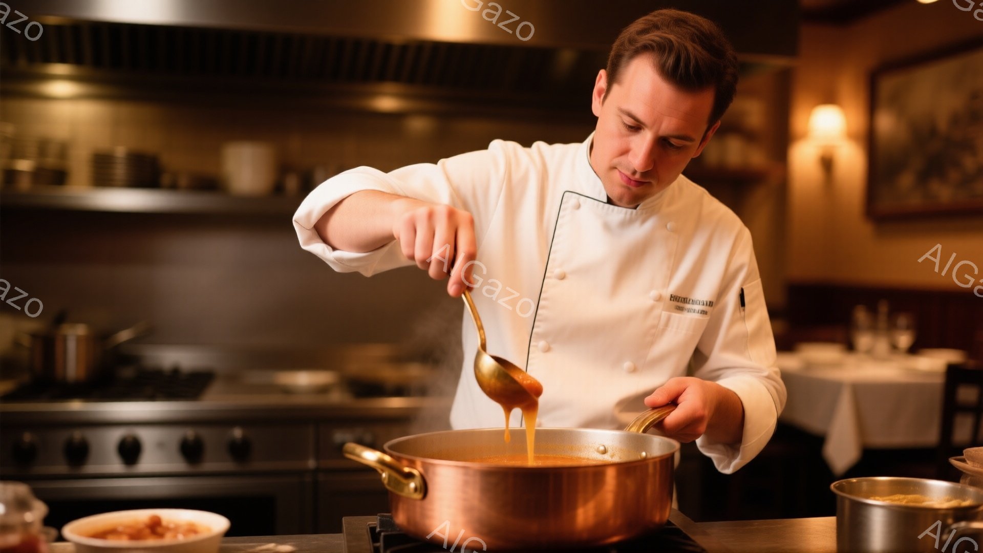 白いコックコートを着た男性が、銅色の鍋にソースを注いでいる。彼は真剣な表情で、調理に集中しており、プロフェッショナルな姿勢がうかがえる。背景には調理台や食器、そしてぼんやりとしたレストランの様子が見え、落ち着いた雰囲気を醸し出している。