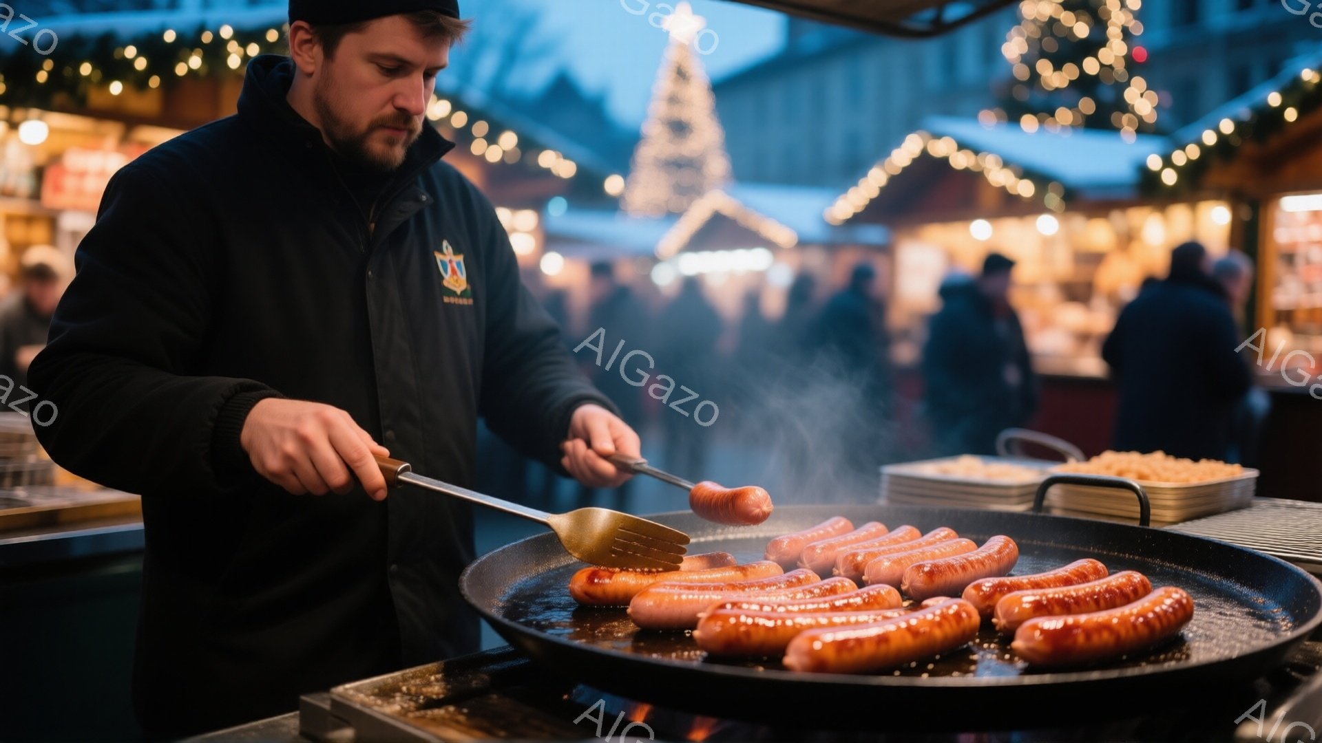 男は黒いジャケットを着ており、ひげを生やした顔つきで、ソーセージを大きな鉄板で焼いている。彼は集中した表情で、トングを使ってソーセージをひっくり返す動作をしている。背景にはクリスマスマーケットのような賑わいがあり、ぼやけた人々の姿と装飾された建物、そして暗い空に輝く光が確認できる。