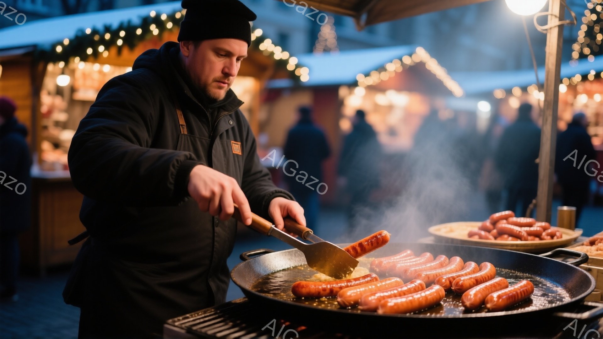 男性が大きなフライパンでソーセージを焼いている様子が写っている。彼は黒い帽子をかぶり、濃い色のジャケットを着ており、真剣な表情で調理に集中している。背景には、クリスマスの飾り付けが施された建物や人々が - AI生成フリー素材