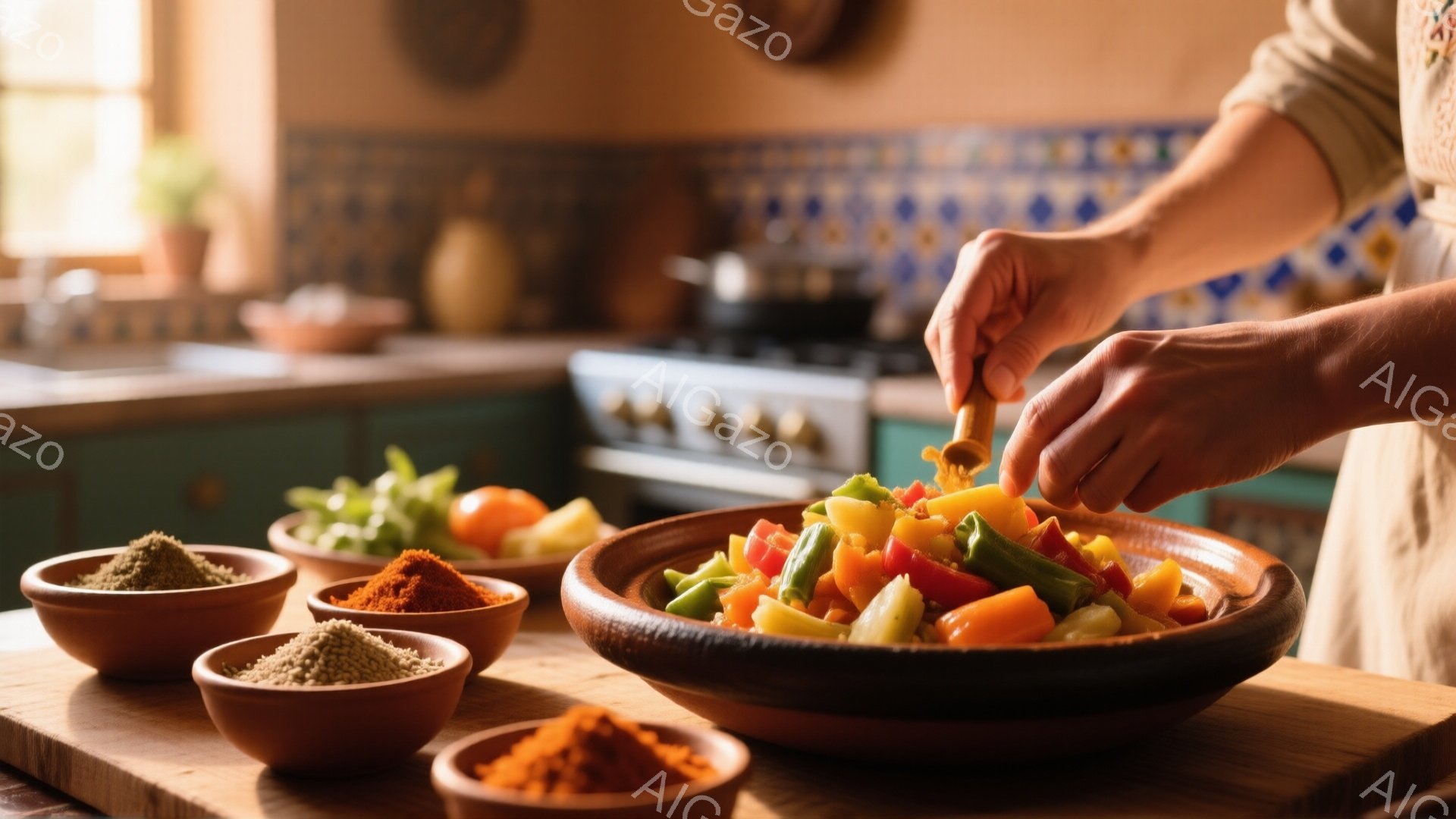 暖色系のキッチンで、誰かが木製のボウルに色とりどりの野菜を盛り付けている様子が写っている。ボウルを取り囲むように、スパイスの入った小さな陶器の器が並べられ、料理の準備が進んでいることが窺える。背景には、伝統的な模様のタイルと調理器具が見え、温かく家庭的な雰囲気が漂っている。