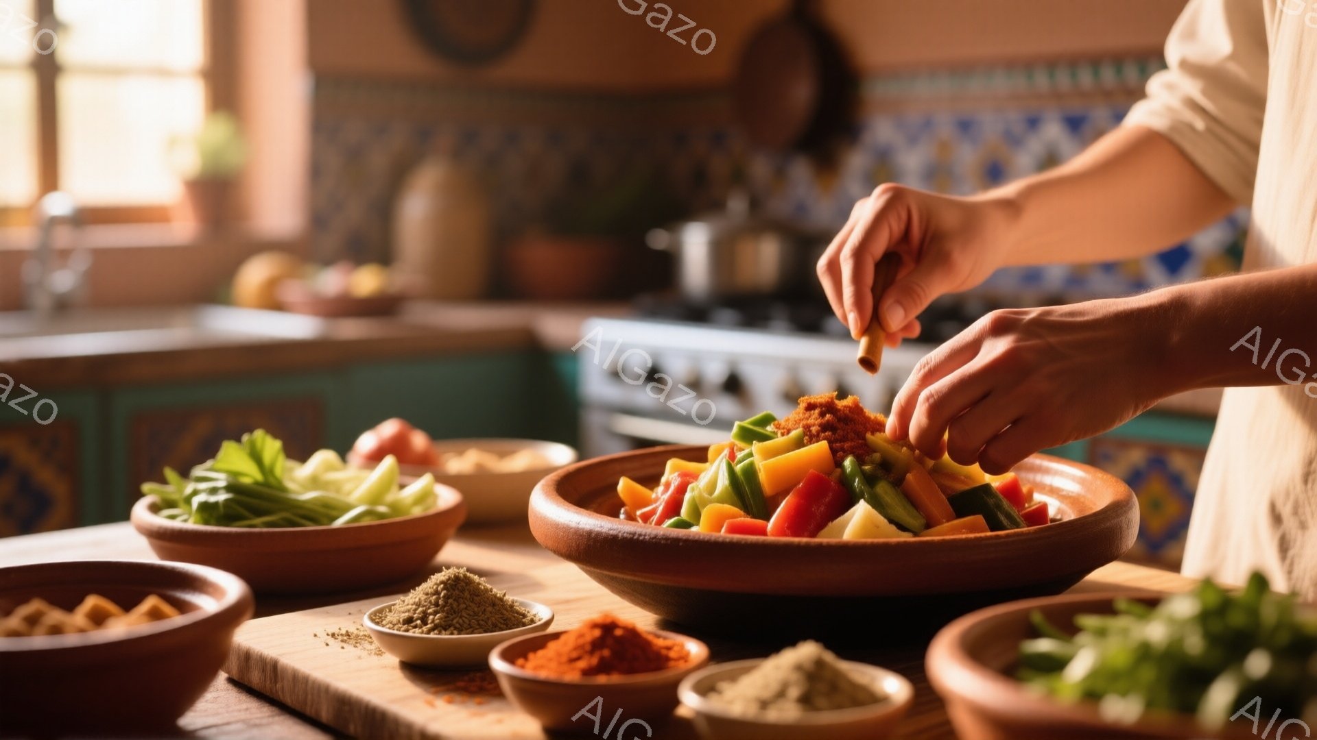 料理人がカラフルな野菜を盛った陶器のボウルに、スパイスを振りかけている様子が写っている。背景には、タイル張りの壁や調理器具が見え、暖色系の照明が温かい雰囲気を作り出している。全体として、手作りの料理と素朴なキッチンが組み合わさり、家庭的な温かさを感じさせる一枚である。
