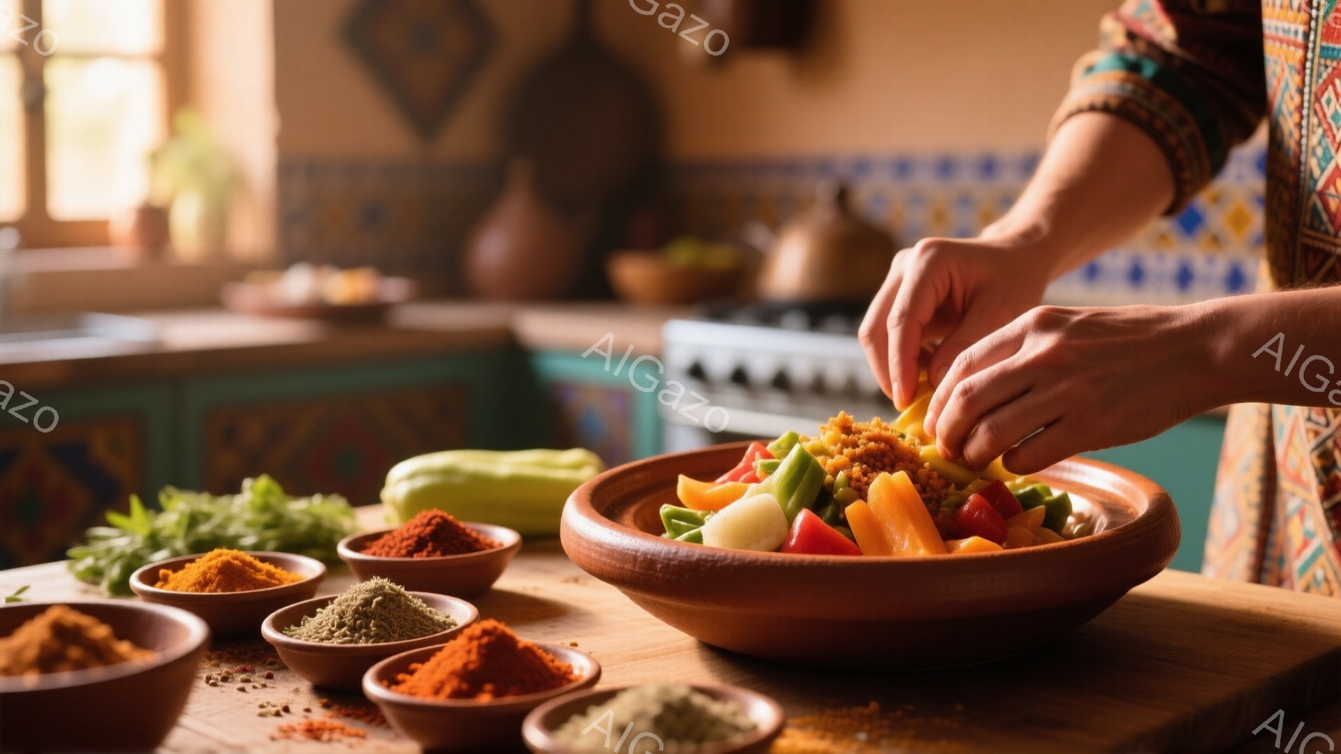鮮やかな色のスパイスが並んだ木製のカウンタートップで、女性が野菜を混ぜる様子が写っています。彼女は民族的な模様の服を着ており、手にはカラフルなピーマン、玉ねぎ、その他の野菜が見えます。背景には素朴なキッチン、陶器の食器、そして柔らかい光が差し込む窓があり、温かく家庭的な雰囲気を醸し出しています。