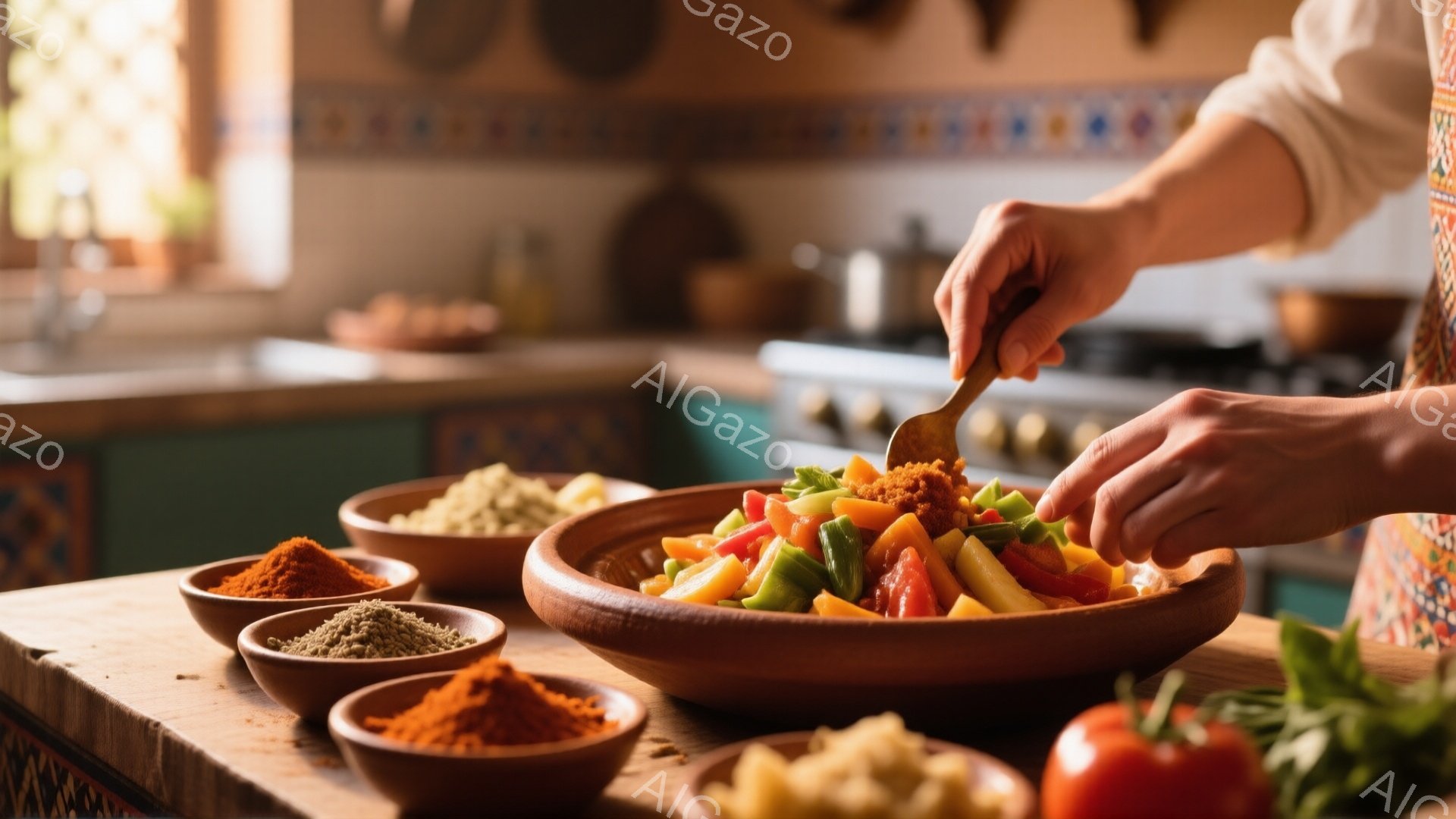 木のカウンターの上に、様々な色のスパイスが入った小さなボウルが並べられています。誰かの手が、カラフルな野菜が盛られた木のボウルにスパイスをかける様子が捉えられており、料理への愛情が感じられます。背景には、カラフルなタイルとステンレス製の調理器具が見え、温かみのある家庭的な雰囲気です。