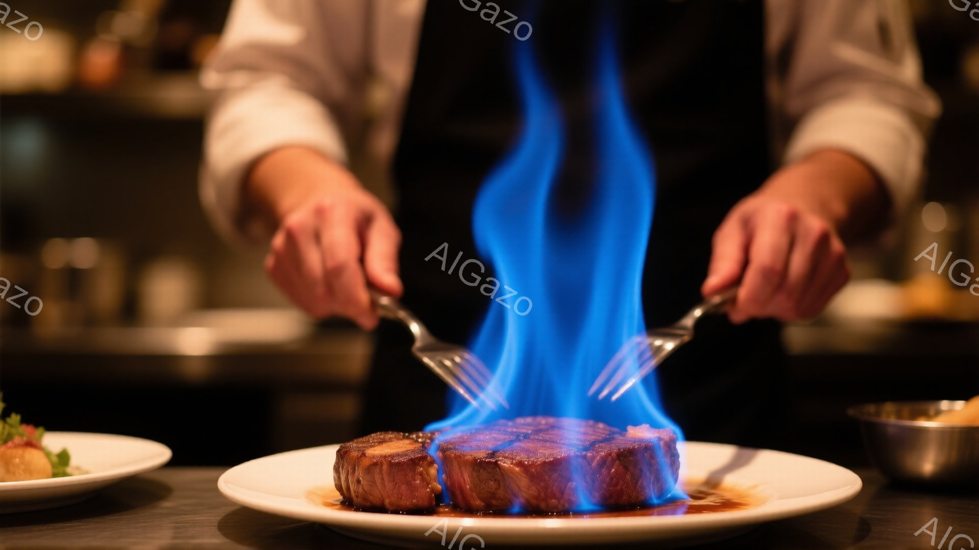 厚切りステーキが皿の上で青い炎に包まれており、調理人がフォークでステーキを支えながら炎を煽っている様子が捉えられています。背景は暗く、レストランの内装の一部が見え、フォーマルな雰囲気を感じさせます。ステーキはジューシーで、調理人の手つきから熟練した技術が伝わってきます。