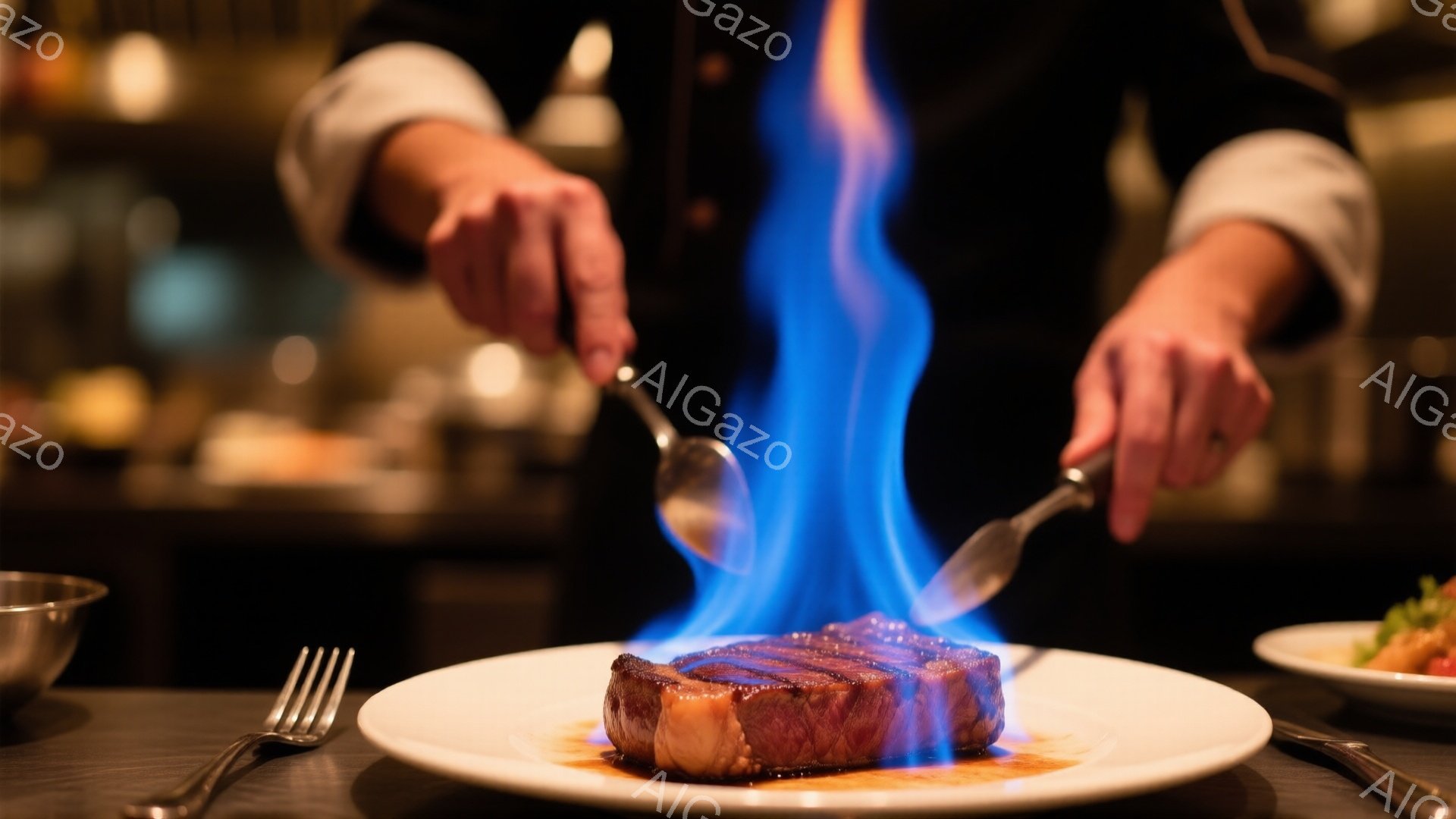 厚切りステーキが白い皿の上で青い炎に包まれている様子が捉えられています。調理人は白いシャツを着ており、片手でステーキを、もう片手でスプーンを使い、炎を操っています。背景はレストランのぼやけた内観で、暖色系の照明が食欲をそそる雰囲気を作り出しています。