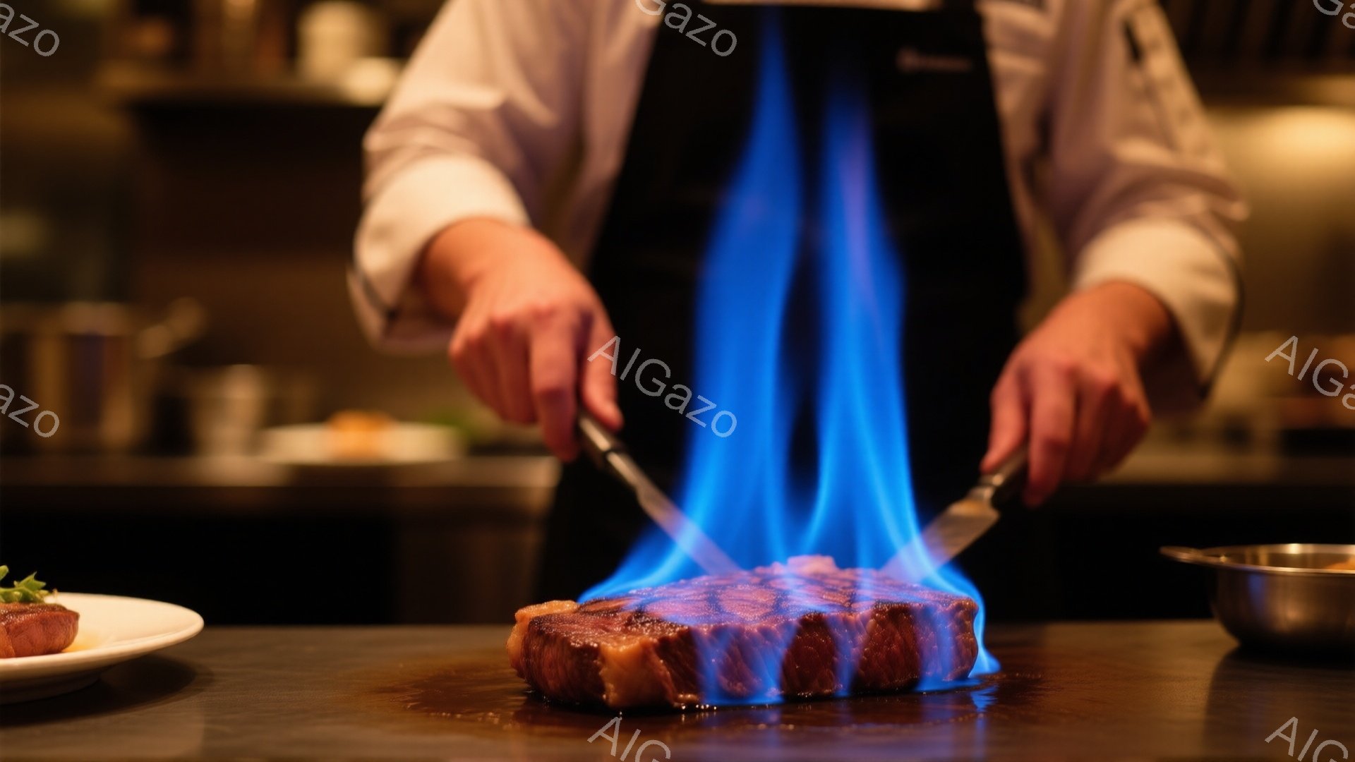 熟練した料理人が、ステーキを目の前で燃え上がらせています。彼は白いコックコートと黒いエプロンを着用し、集中した表情でナイフを手に、調理に臨んでいます。背景は薄暗く、ステンレス製の調理器具が見え、高級レストランのような落ち着いた雰囲気が漂っています。