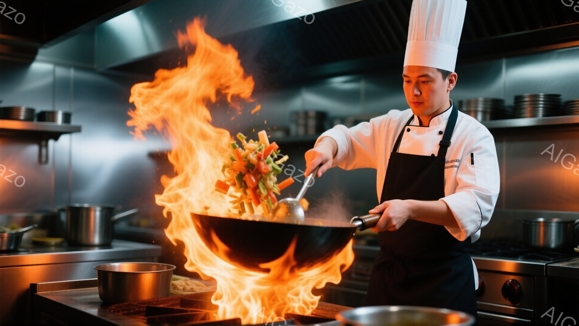 プロの料理人が厨房で炎を上げて調理をしている写真です。白いコック帽と黒いエプロンを身につけ、真剣な表情で炒め鍋を操っています。背景には調理器具が並び、プロフェッショナルな厨房の雰囲気が伝わってきます。