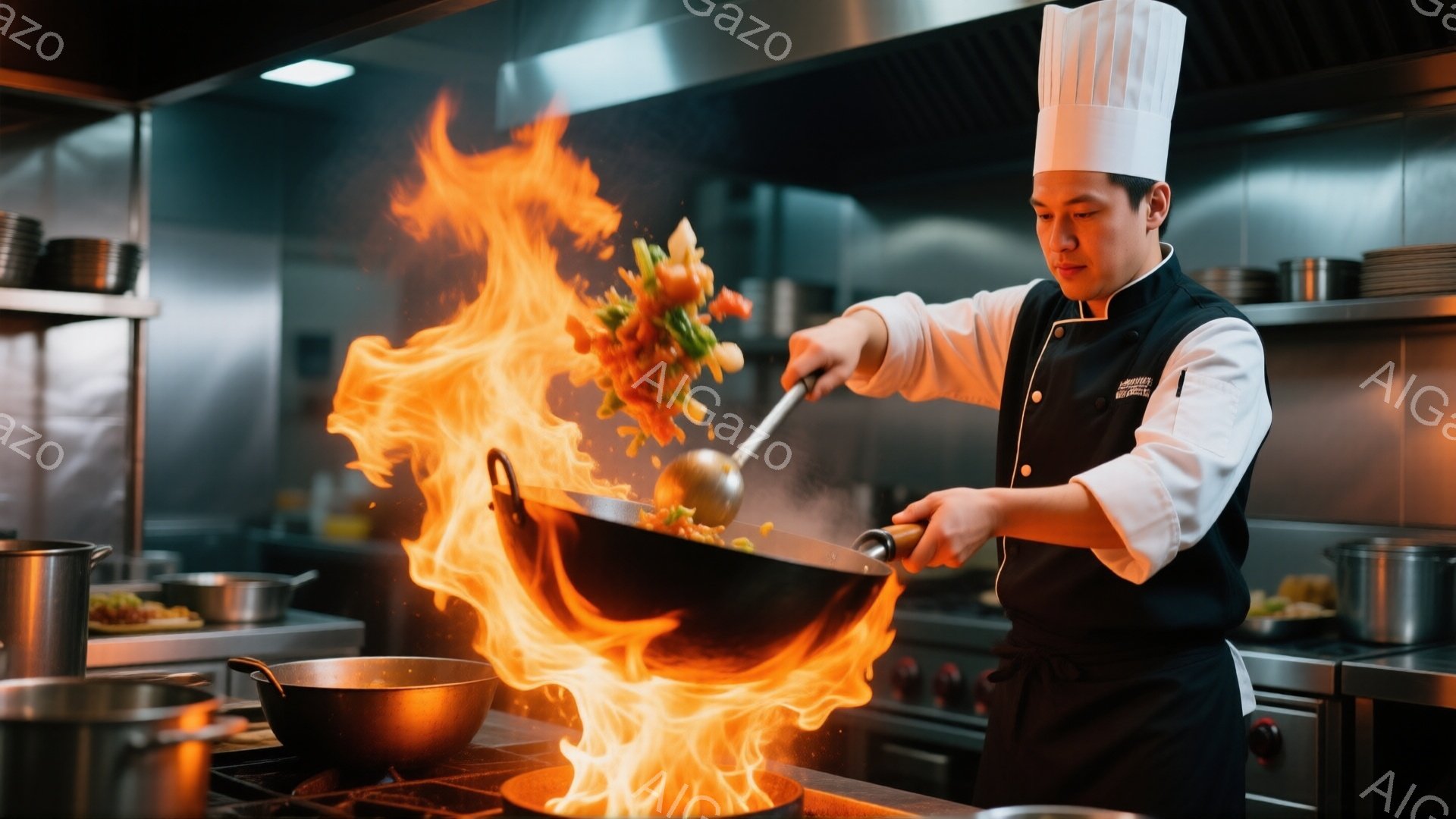 プロの料理人が厨房で炒め物をしている様子が写っている。彼は白いコックハットと黒いエプロンを身につけ、真剣な表情で大きなフライパンを操り、炎が立ち上っている。背景にはステンレス製の調理器具や棚が見え、プロの厨房の様子が伺える。