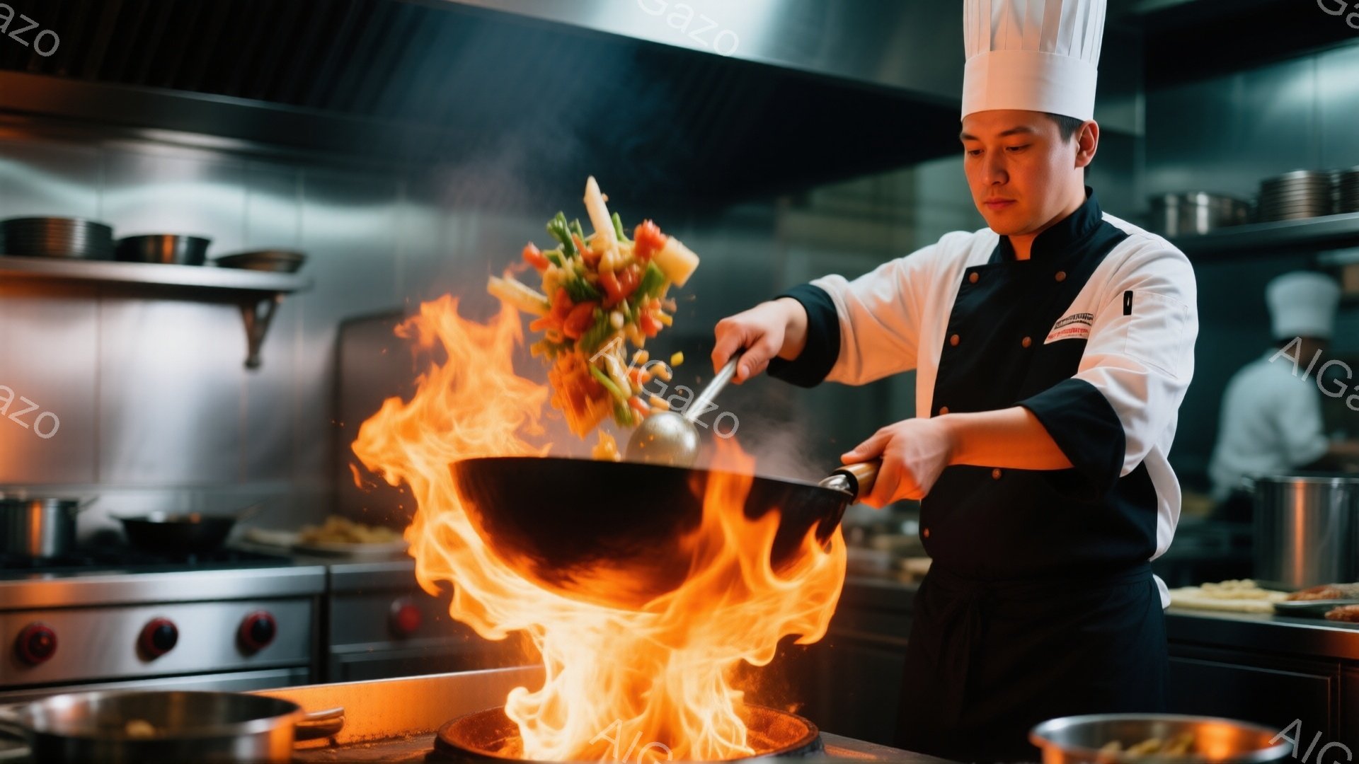 白いコック帽と黒い制服を着た男性が、燃え盛るウォックパンの中で野菜を炒めている様子が捉えられている。彼は真剣な表情で、手つきは素早く、プロフェッショナルな雰囲気を醸し出している。背景にはステンレス製の調理台や調理器具が並び、調理場の熱気が感じられる。