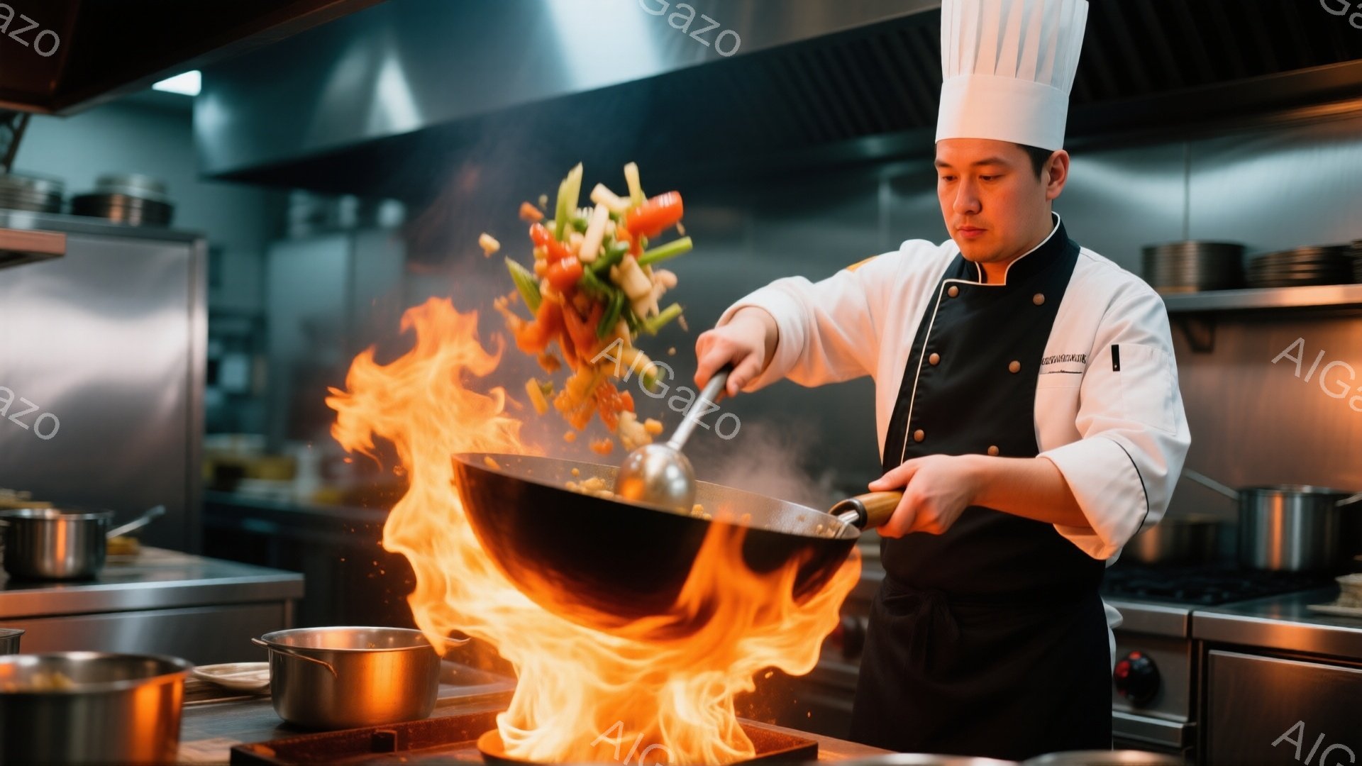 プロの料理人が、燃え盛るフライパンの中で野菜を炒めています。彼はコック帽と白のユニフォームを着ており、真剣な表情で調理に集中しています。背景にはステンレス製の調理器具や換気扇が見え、プロの厨房の様子が - AI生成フリー素材