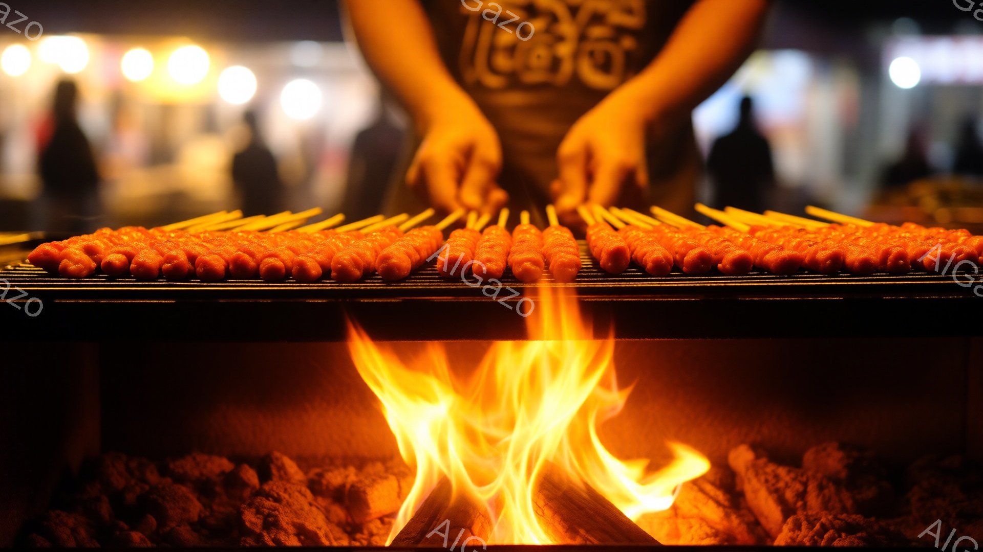 串に刺された小さなソーセージが、燃え盛る炭火の上に並べられている様子が捉えられている。背景には、黒いエプロンを着た人物が少しだけ見えており、炭火の熱気とソーセージの照り焼き色が印象的である。全体的に、 - AI生成フリー素材