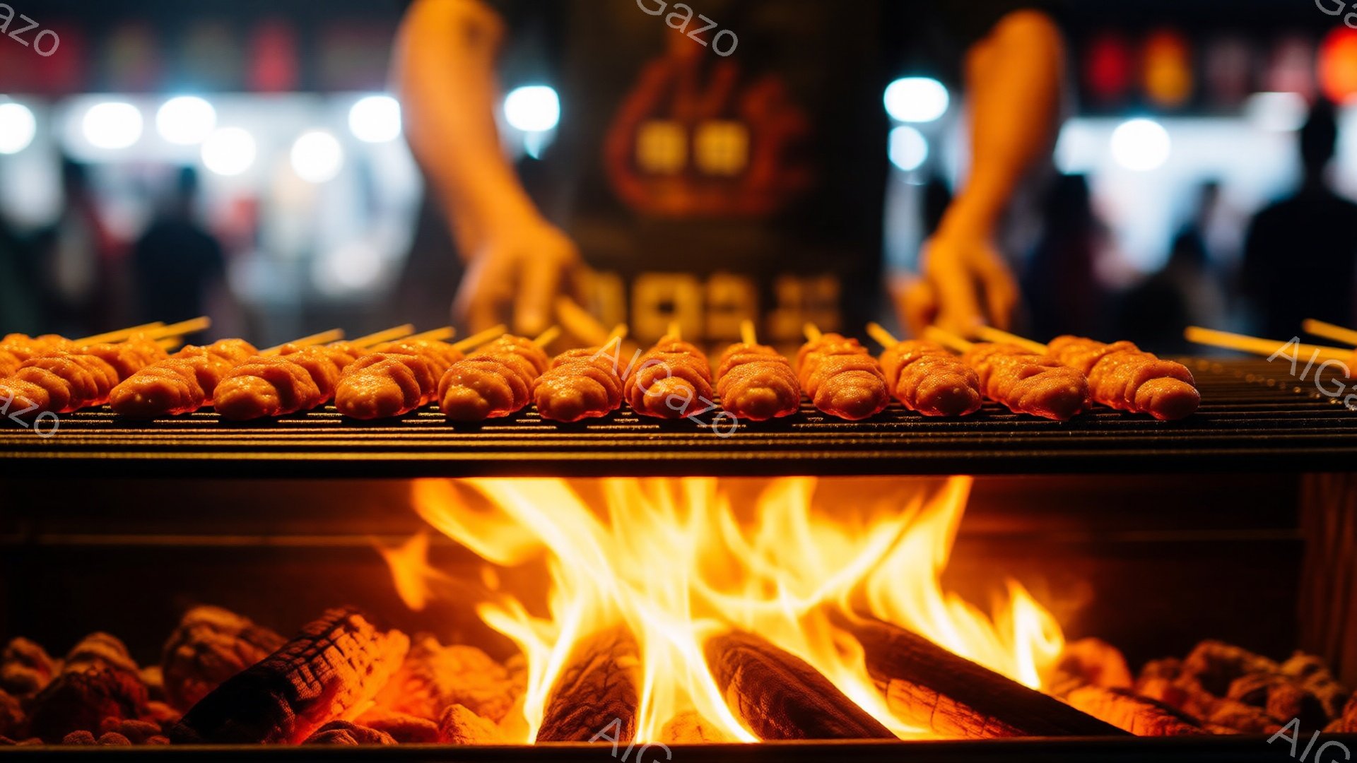 串に刺された小さなタコが、燃え盛る炭火の上で焼かれている様子が捉えられている。背景には、黒いTシャツを着た人の腕と、ぼやけた賑やかな屋台の光景が見える。炎の熱気と、焼きタコの香ばしい香りが伝わってくるような、活気ある屋台の雰囲気が漂っている。