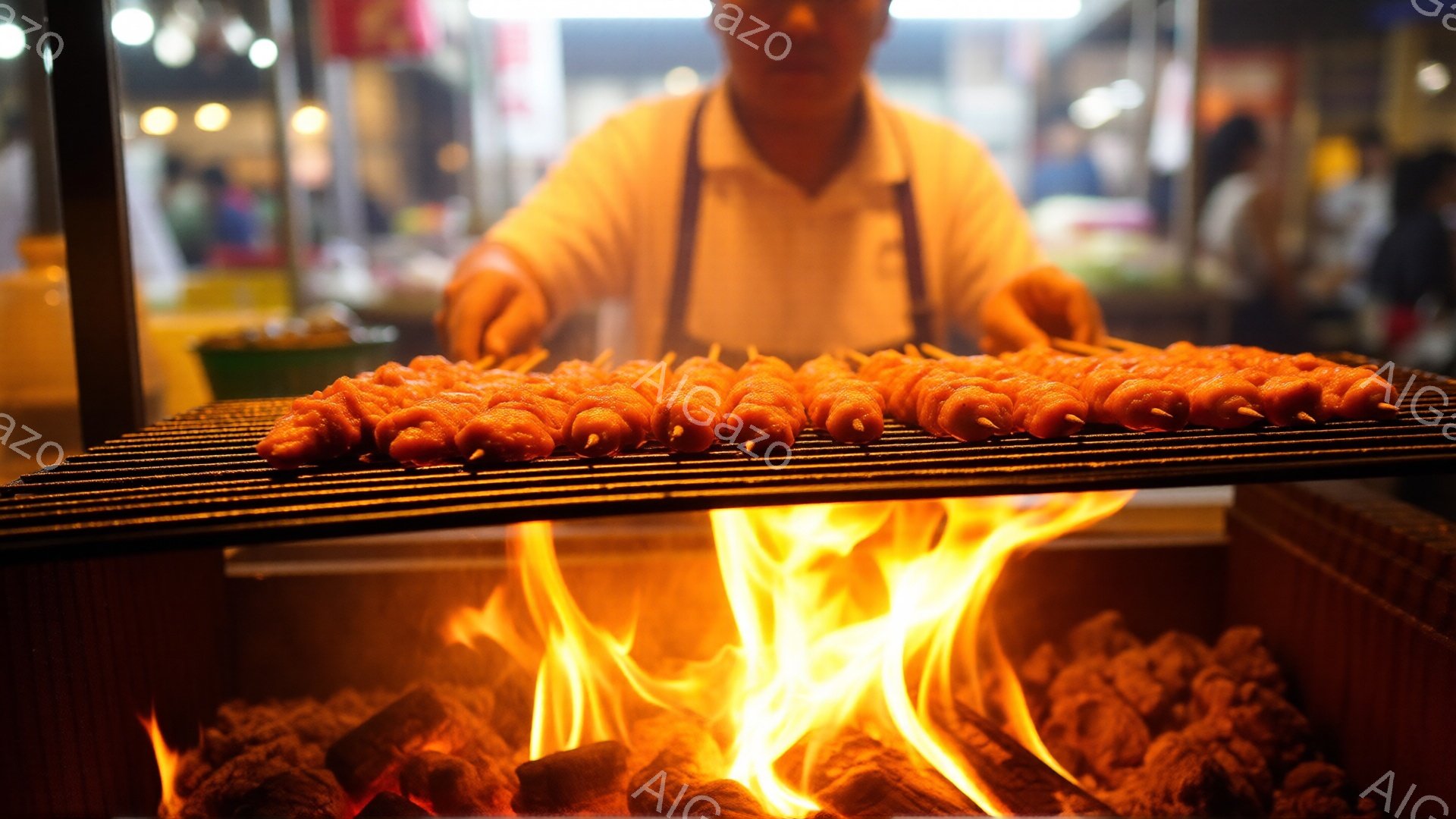 串に刺されたタコが炭火で焼かれている様子が捉えられています。背景には、白衣を着た男性がおり、調理に集中した表情をしています。炎と炭の熱気が感じられ、屋台の活気ある雰囲気が伝わってきます。